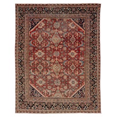 10 x 12 Vintage Persian Mahal Hand-Knotted Wool Rug Red & Navy