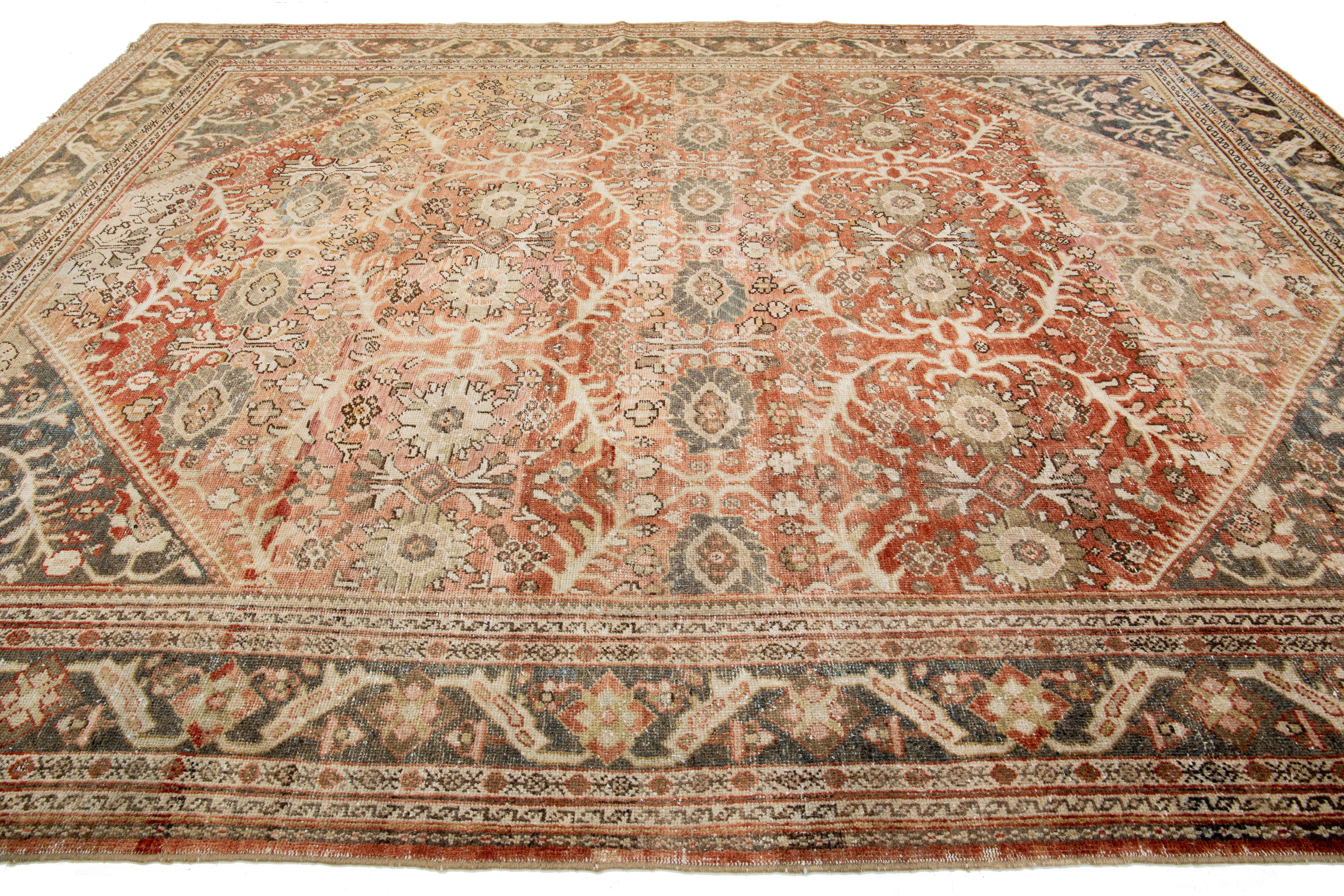 10 x 13 Antique Mahal Wool Rug In Rust Color with Allover Motif For Sale 2