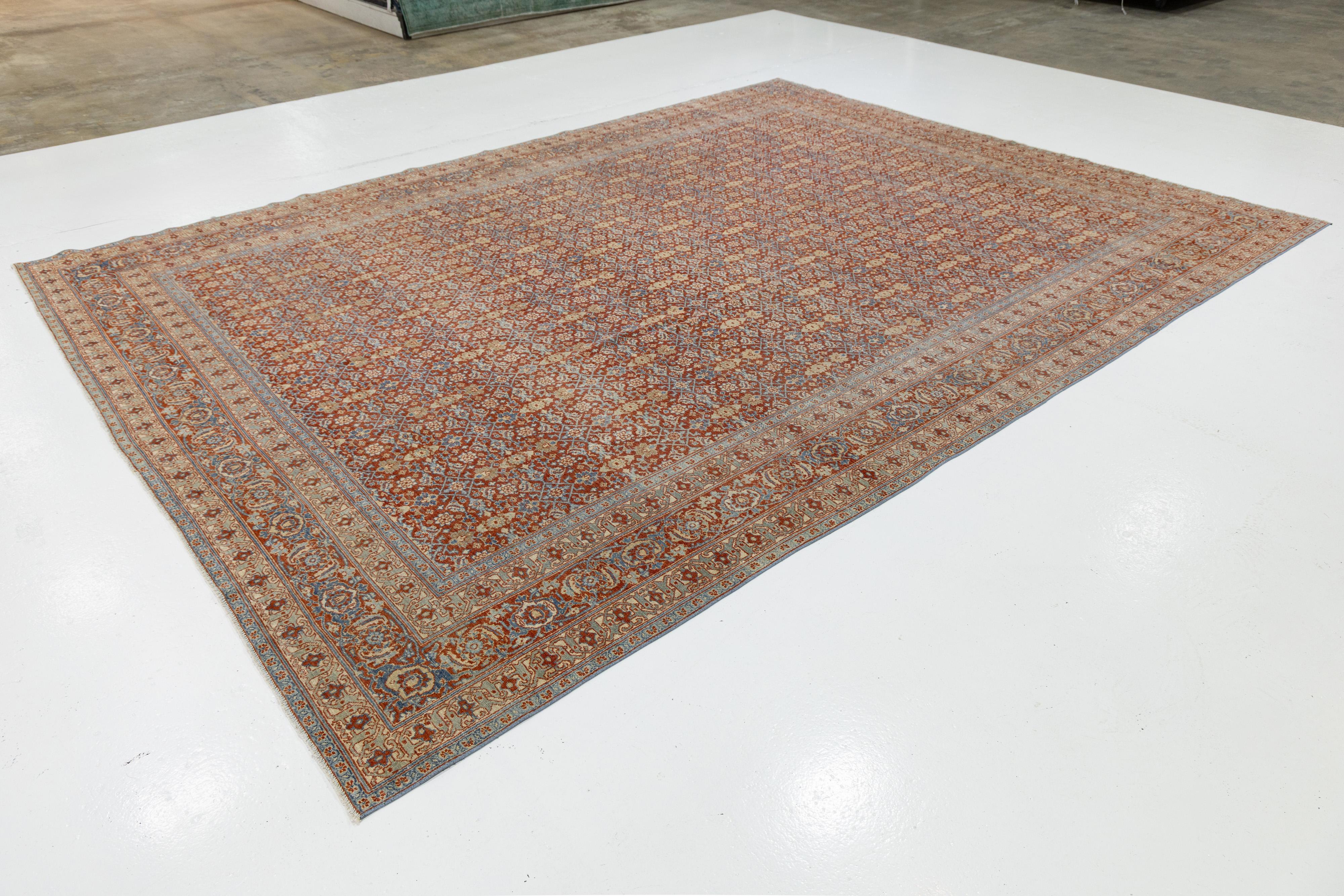 Hand-Knotted 10 x 13 Antique Tabriz Red Handmade Persian Wool Rug with Allover Pattern For Sale