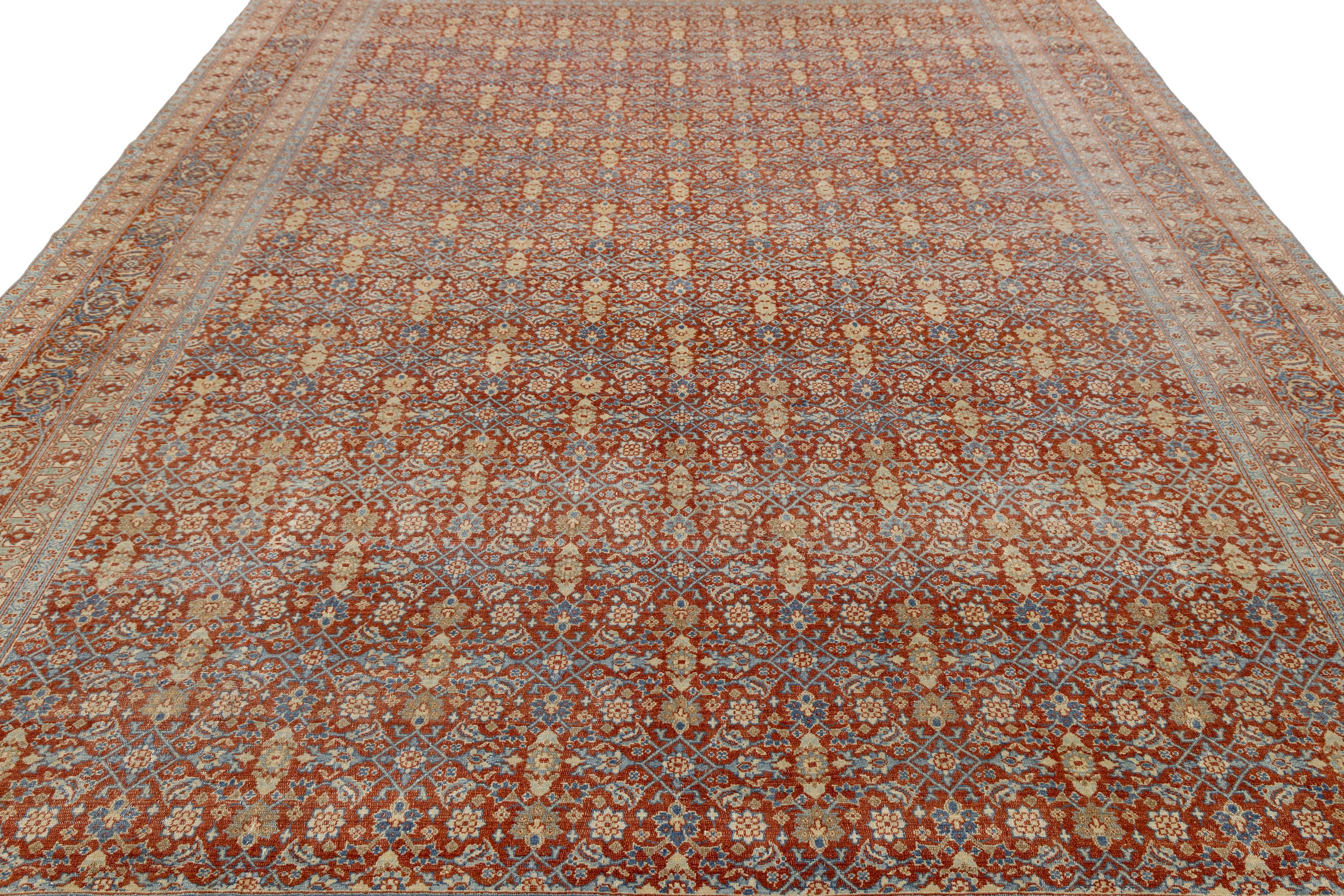 10 x 13 Antique Tabriz Red Handmade Persian Wool Rug with Allover Pattern For Sale 1