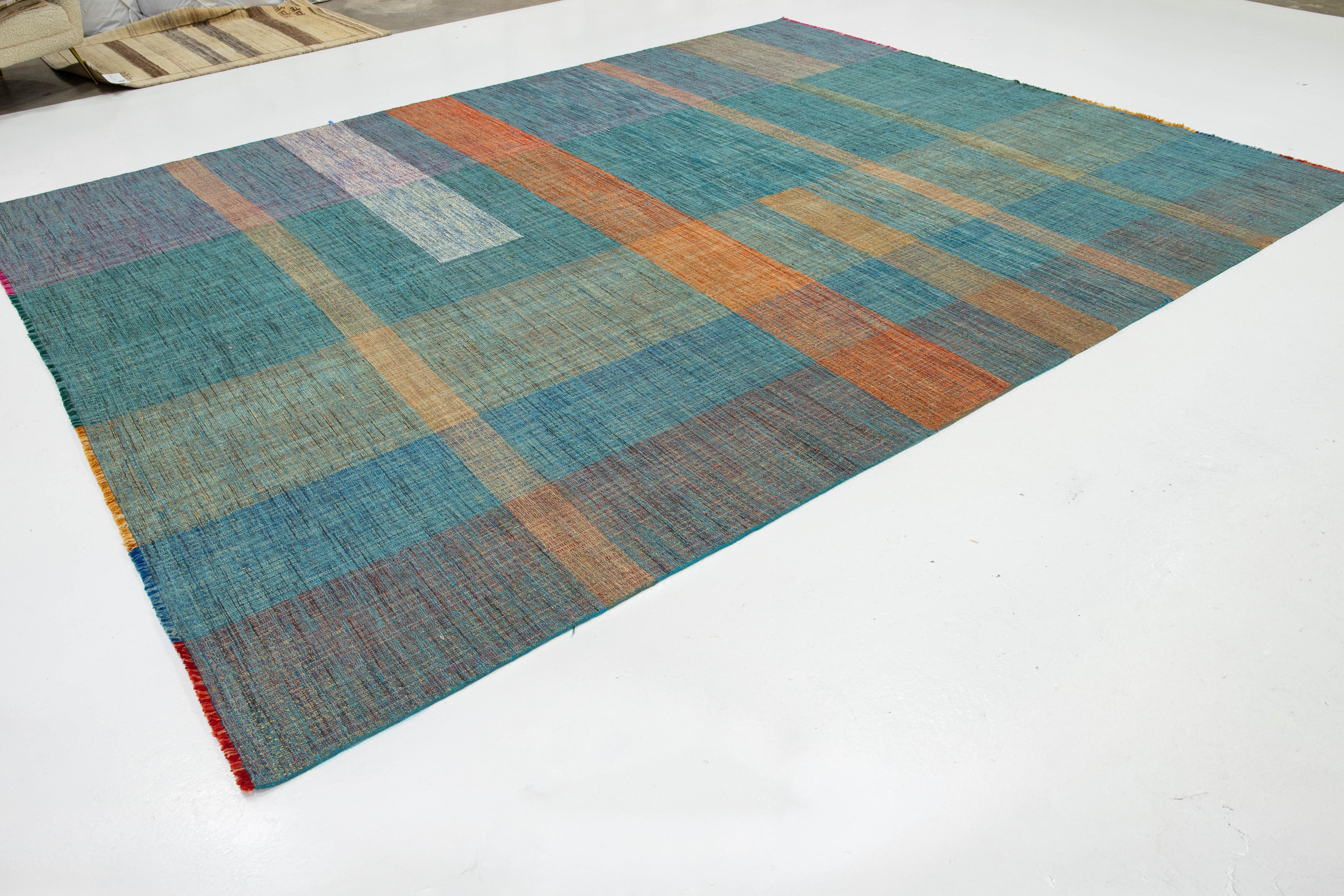 Hand-Knotted 10 x 13 Contemporary Kilim Flatweave Teal Wool rug With Geometric Design For Sale