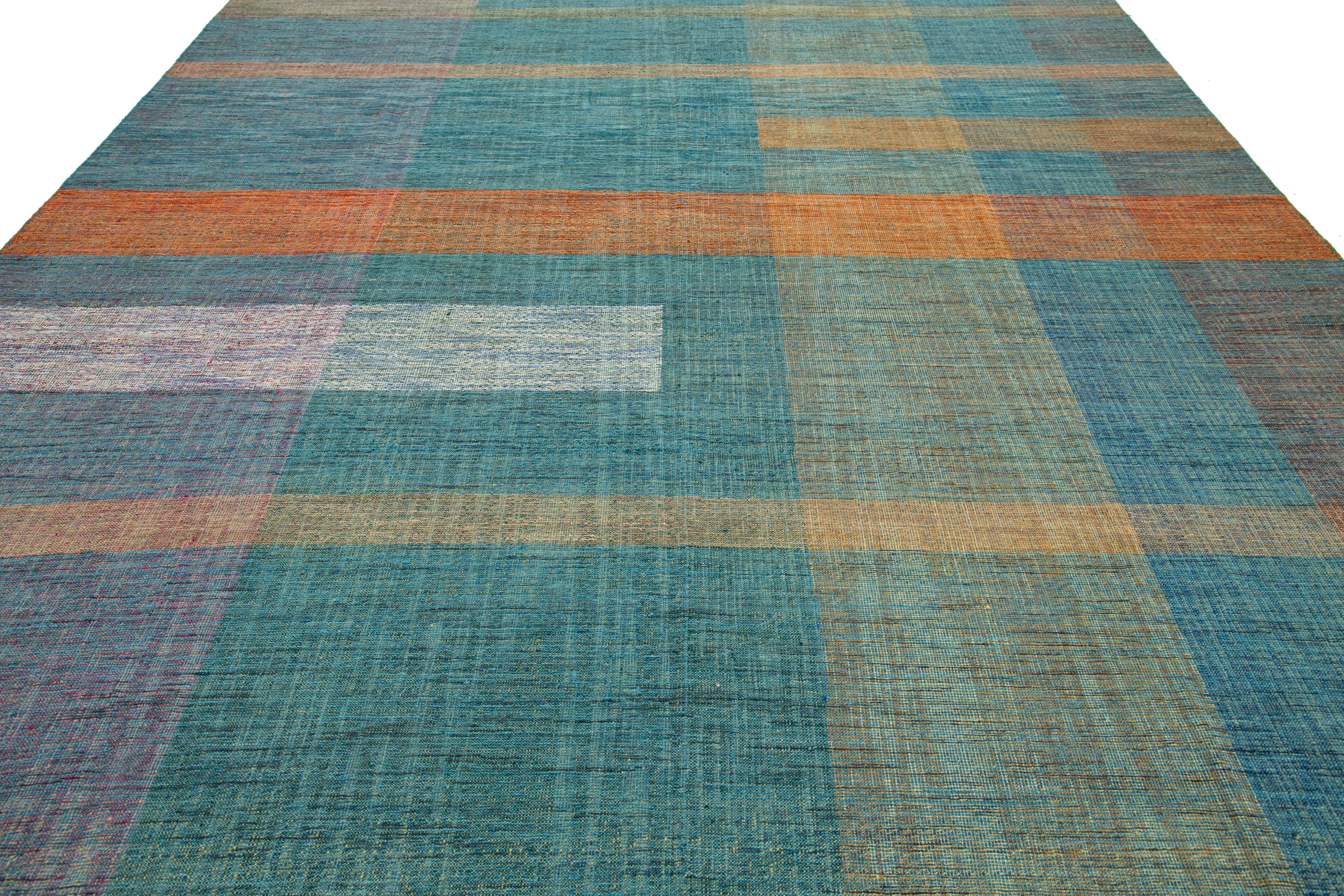 10 x 13 Contemporary Kilim Flatweave Teal Wool rug With Geometric Design For Sale 1