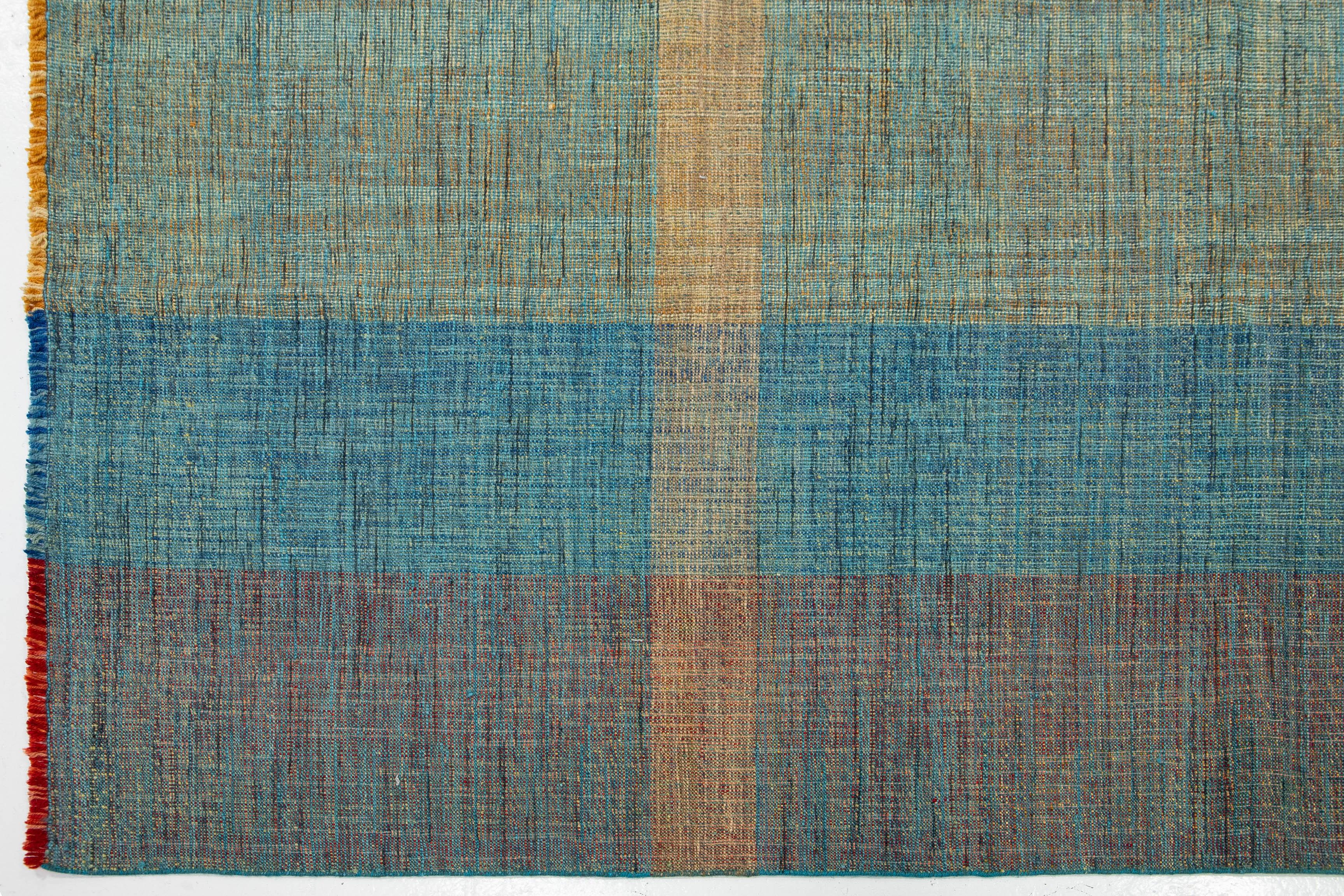 10 x 13 Contemporary Kilim Flatweave Teal Wool rug With Geometric Design For Sale 2