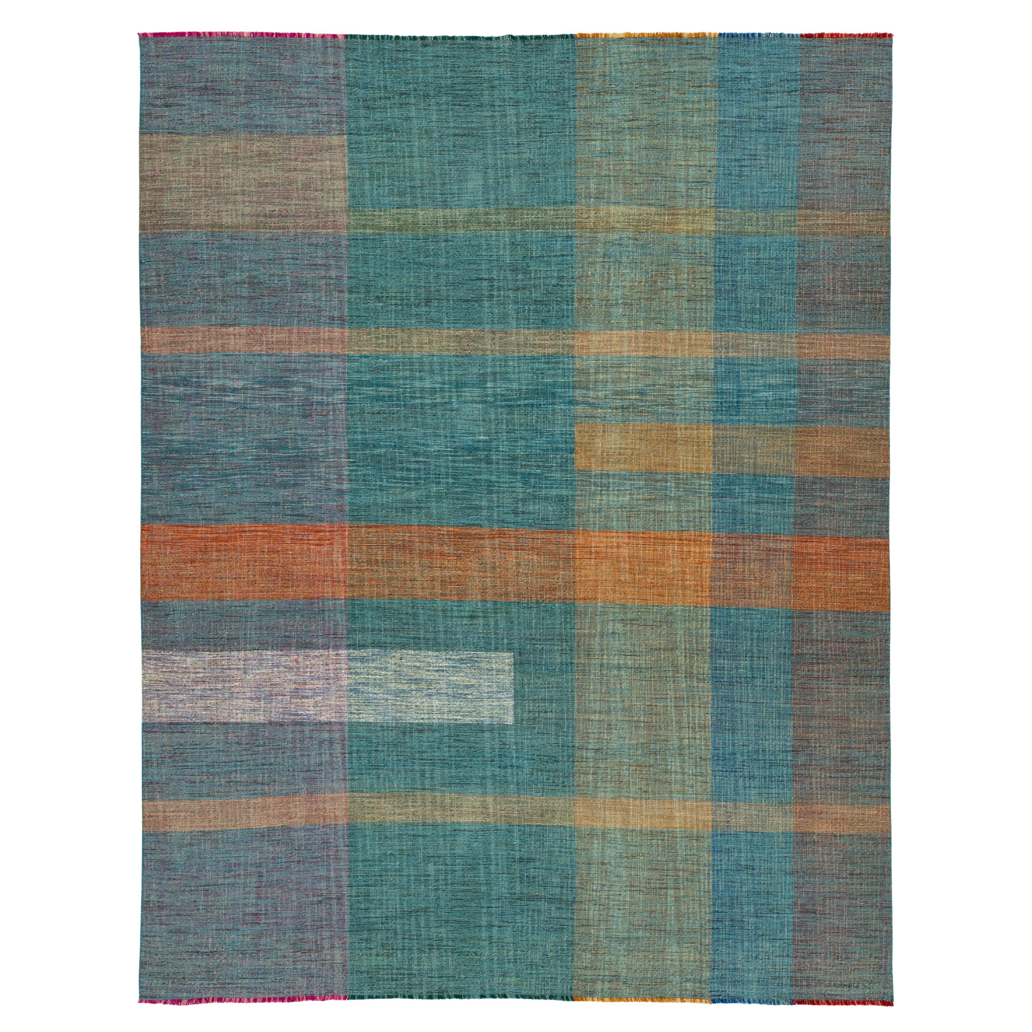 10 x 13 Contemporary Kilim Flatweave Teal Wool rug With Geometric Design