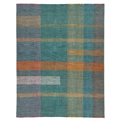 10 x 13 Contemporary Kilim Flatweave Teal Wool rug With Geometric Design