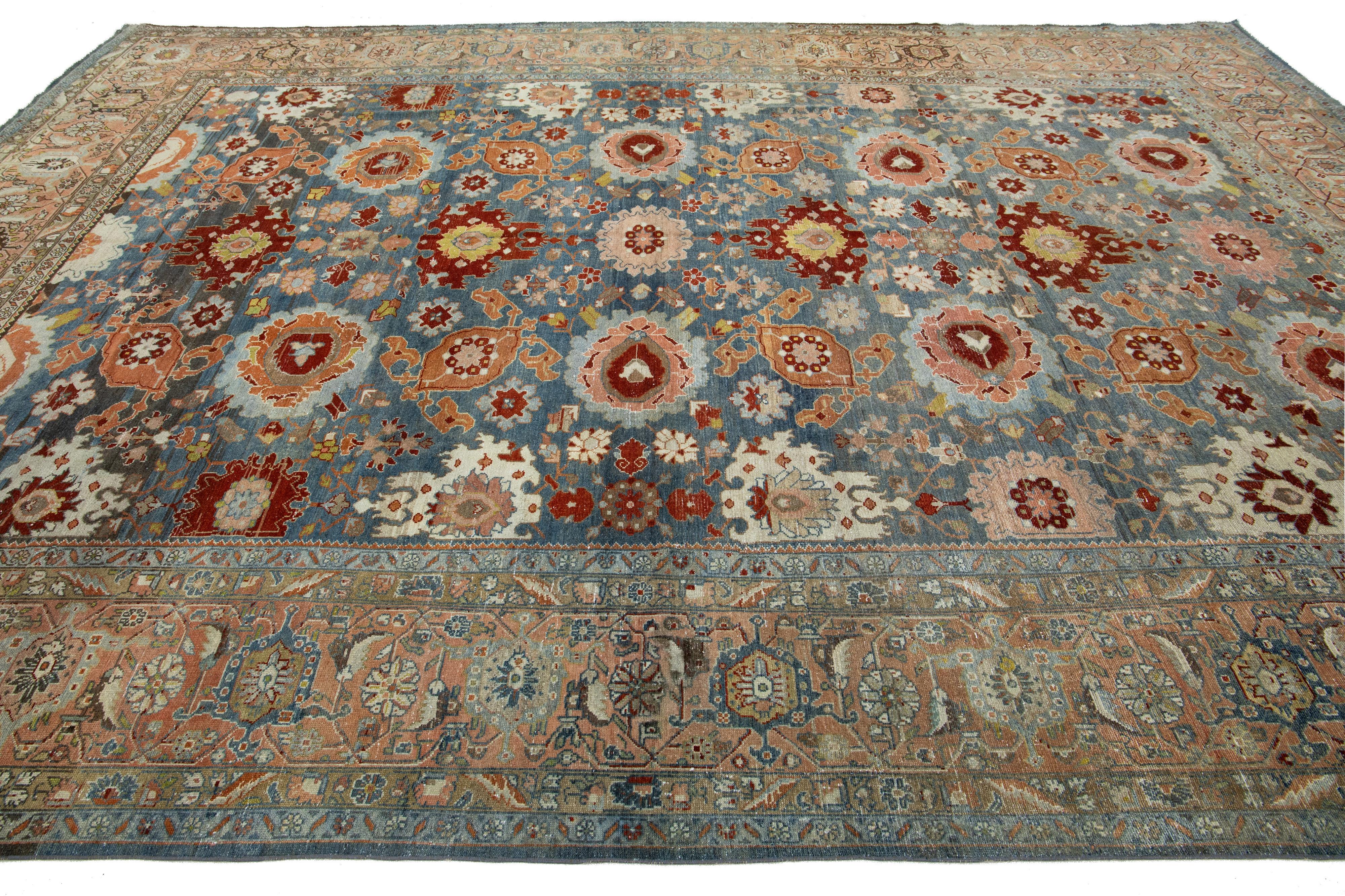 10 x 14 Allover Bidjar Persischer Wollteppich in Blau mit Blumenmuster (20. Jahrhundert) im Angebot