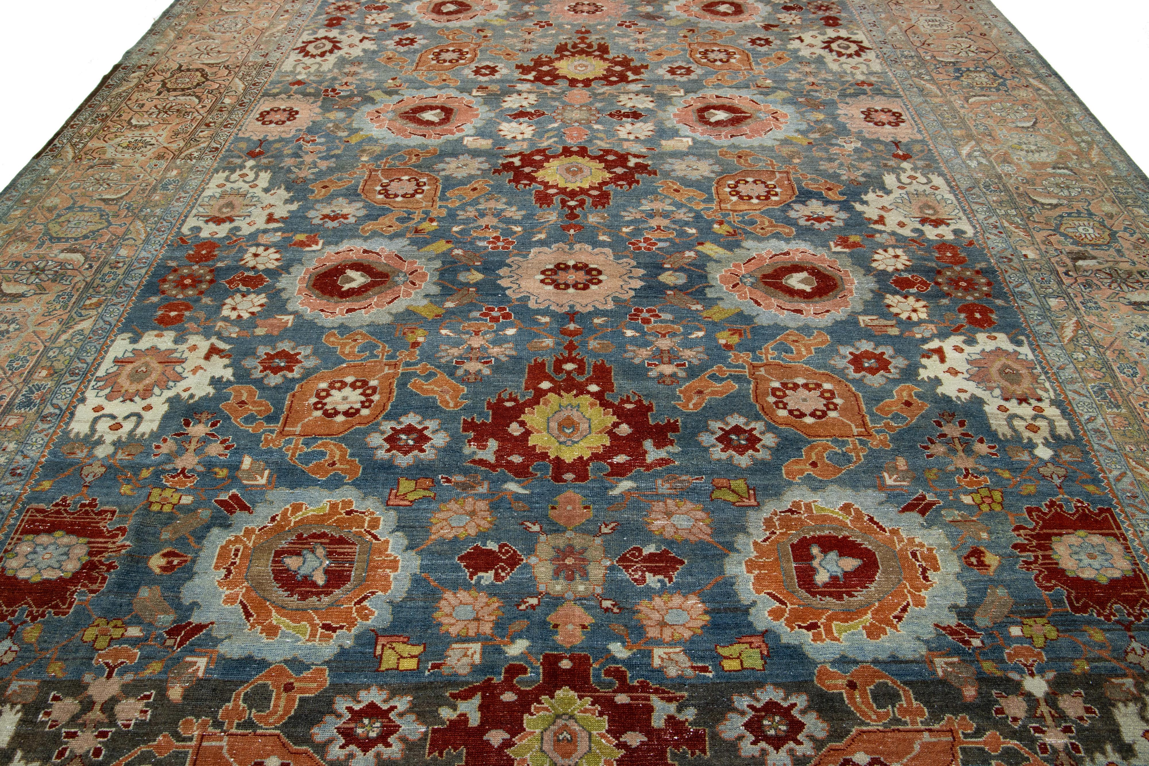 10 x 14 Allover Bidjar Persischer Wollteppich in Blau mit Blumenmuster im Angebot 1