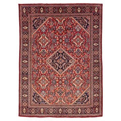 10 x 14 Antique Persian Mahal Rug – Hand-Knotted Wool, Red & Navy Herati Design