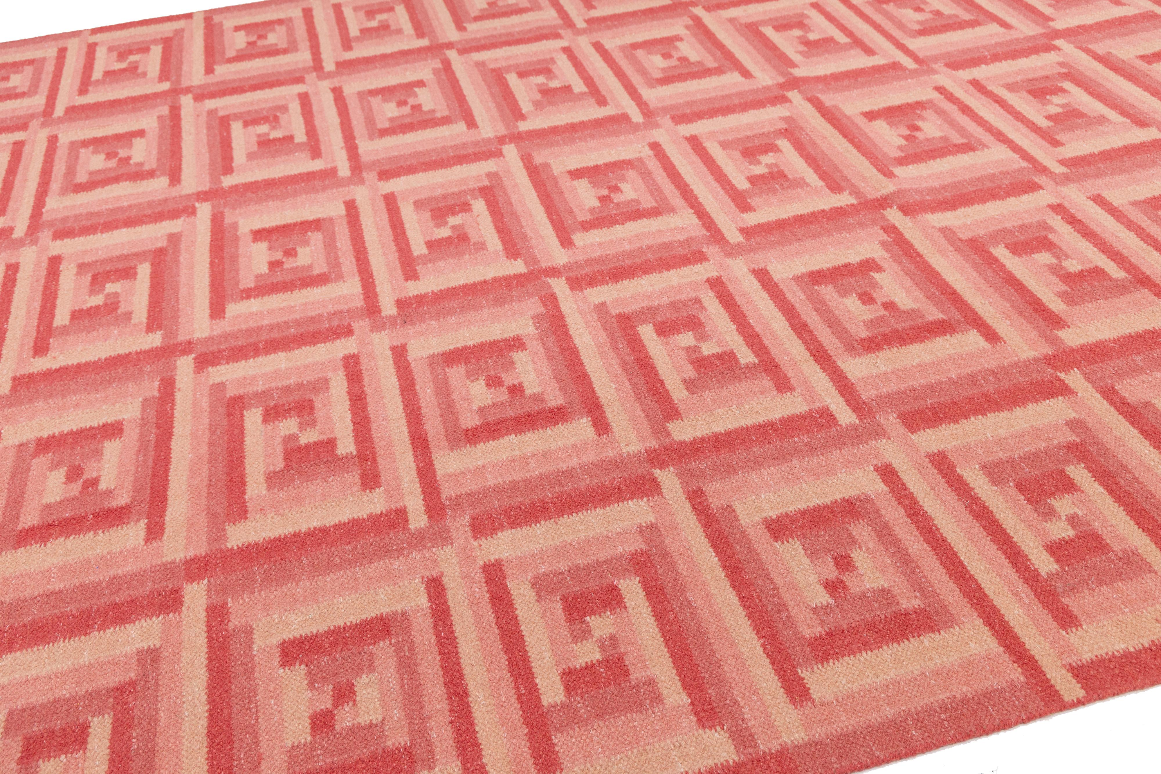 Hand-Knotted 10 x 14 Contemporary Scandinavian Style Wool Rug In Pink With Geometric Pattern For Sale