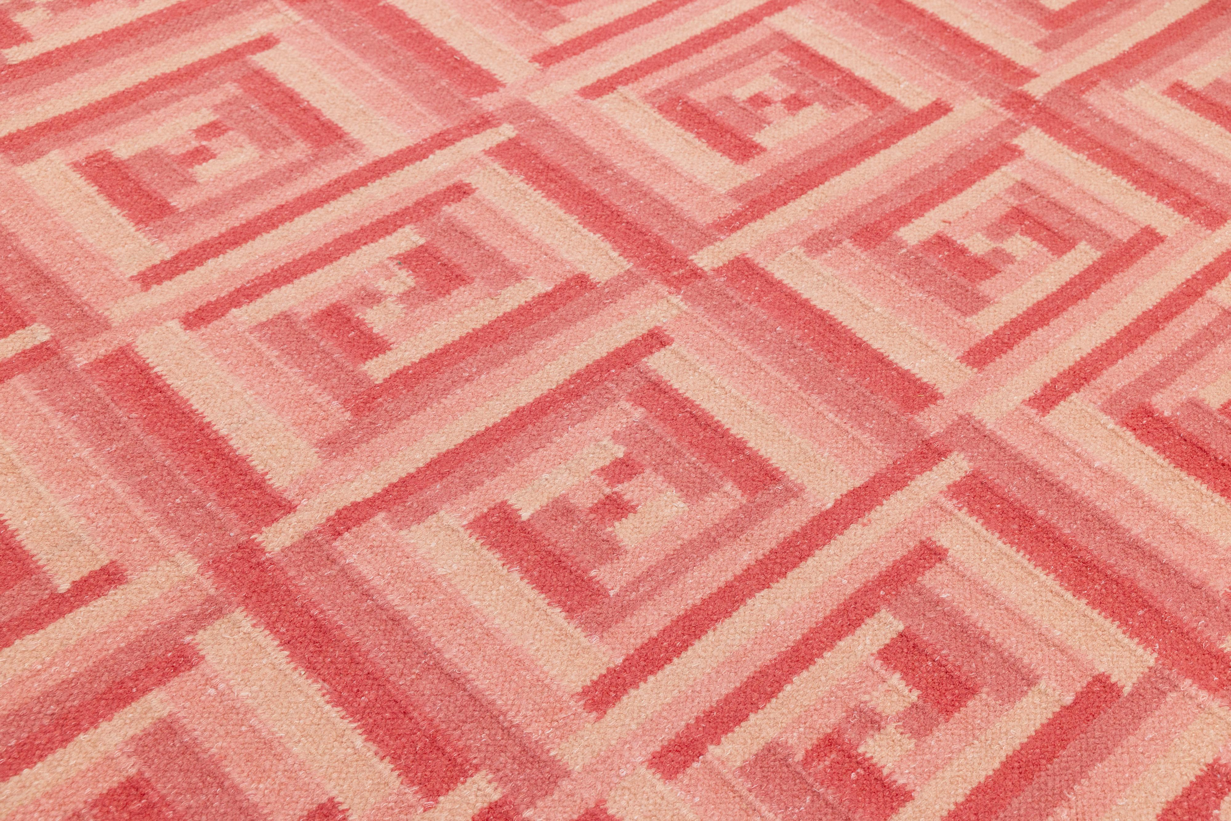 10 x 14 Contemporary Scandinavian Style Wool Rug In Pink With Geometric Pattern For Sale 2