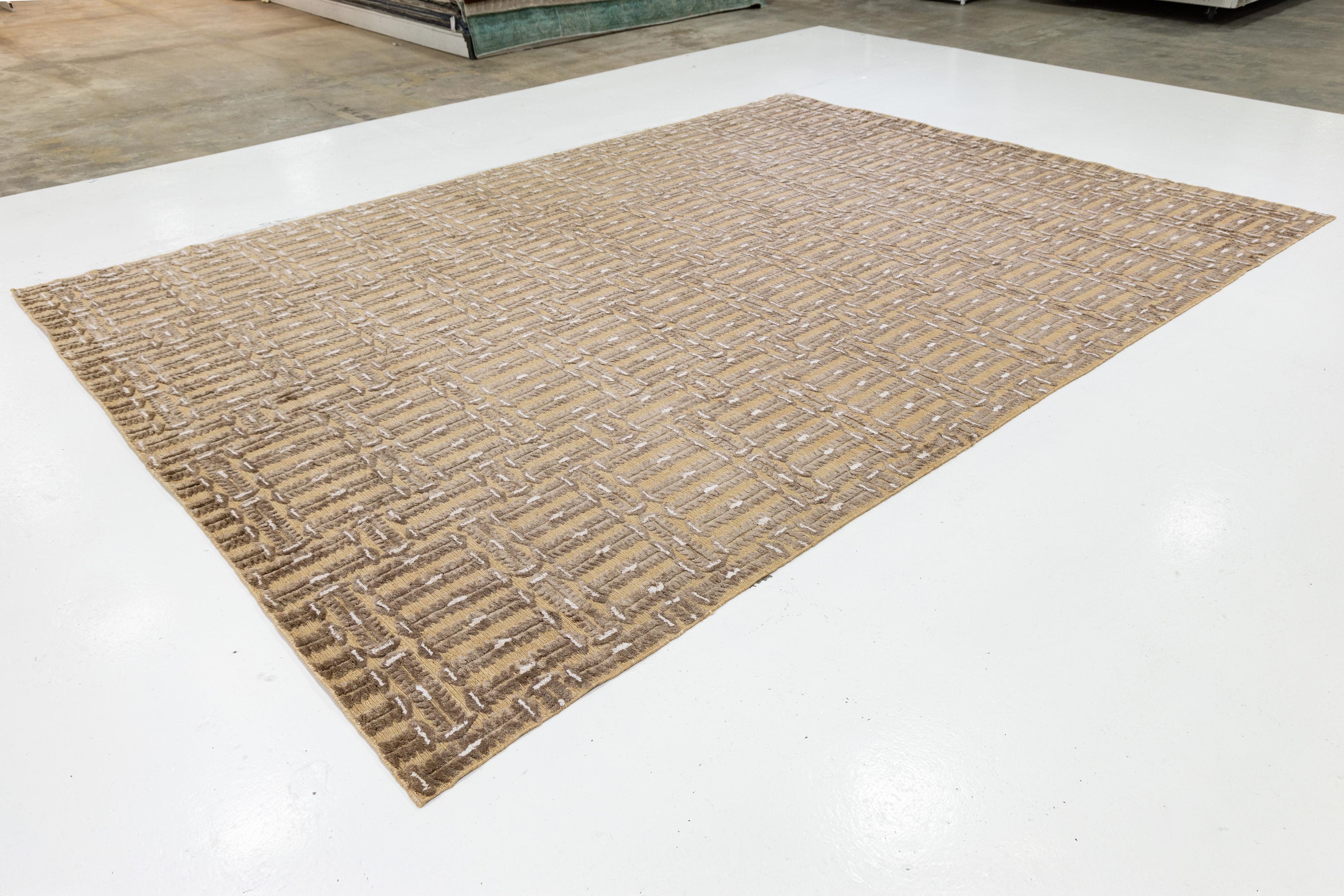 Modern 10 x 14 Contemporary Soumak Tan Wool And Jute Rug Handmade Geometric For Sale