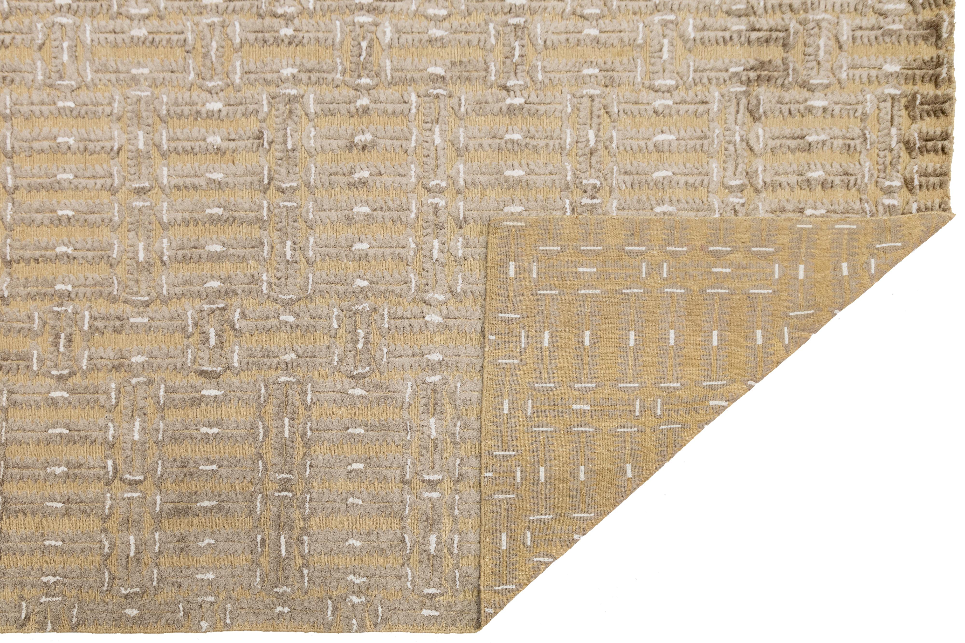 Indian 10 x 14 Contemporary Soumak Tan Wool And Jute Rug Handmade Geometric For Sale