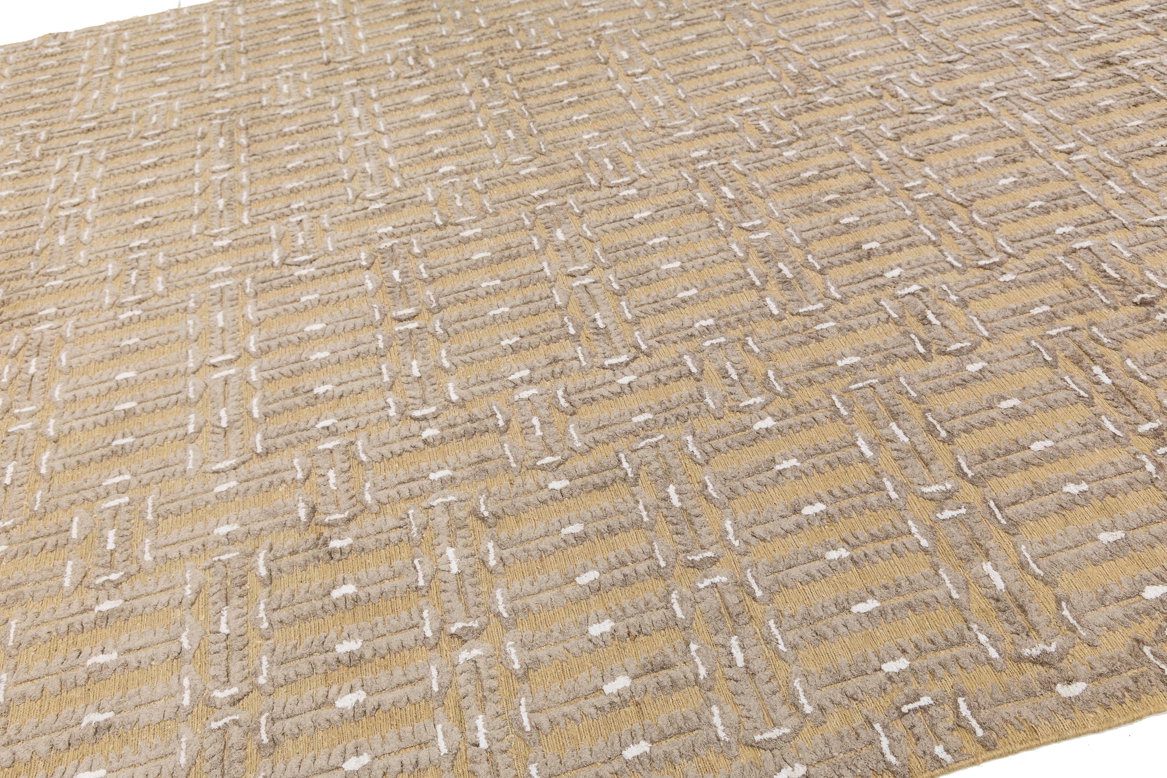 Hand-Knotted 10 x 14 Contemporary Soumak Tan Wool And Jute Rug Handmade Geometric For Sale