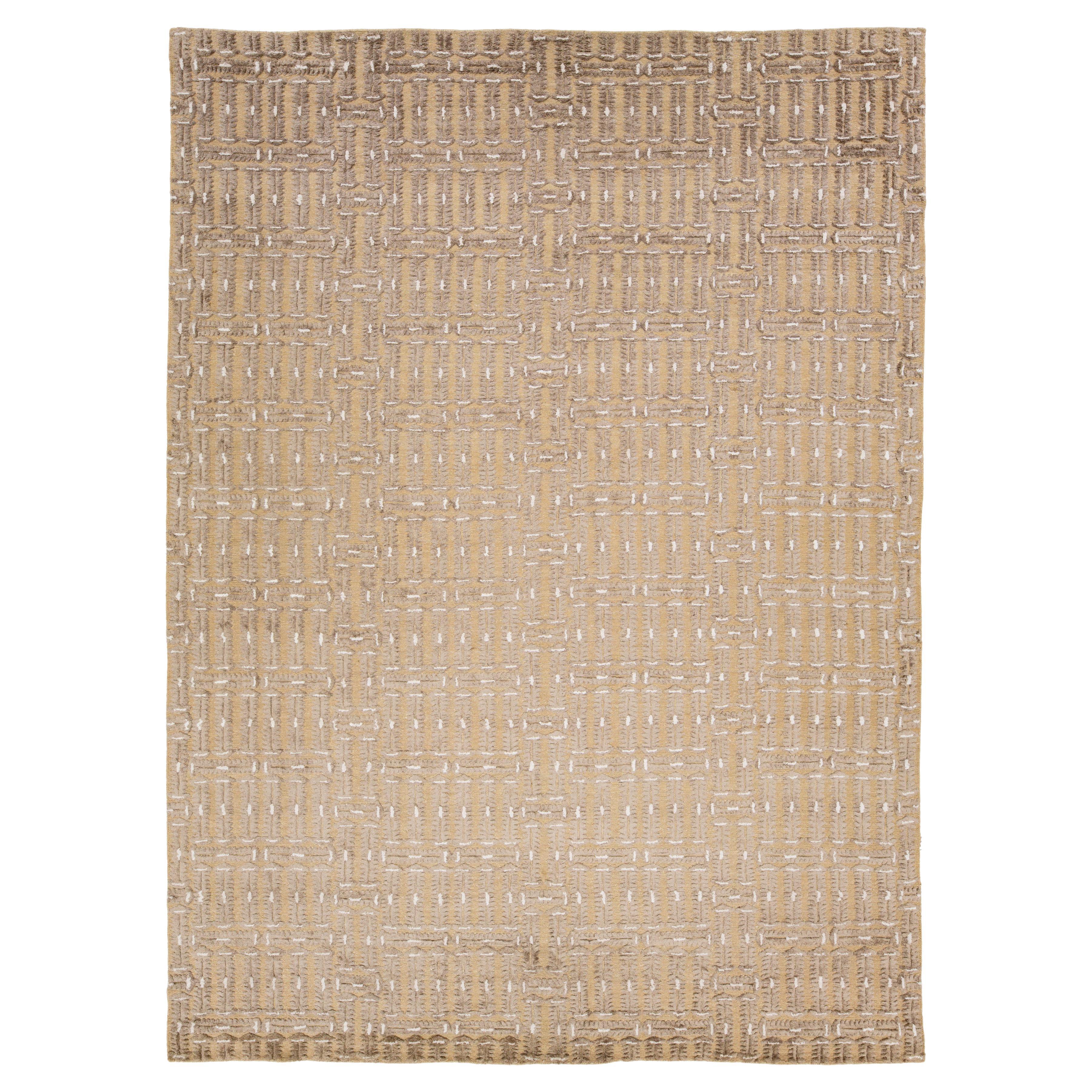 10 x 14 Contemporary Soumak Tan Wool And Jute Rug Handmade Geometric For Sale
