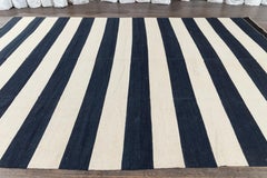 10 x 14 Contemporary Striped Kilim Wool Rug Handmade In Beige and Blue