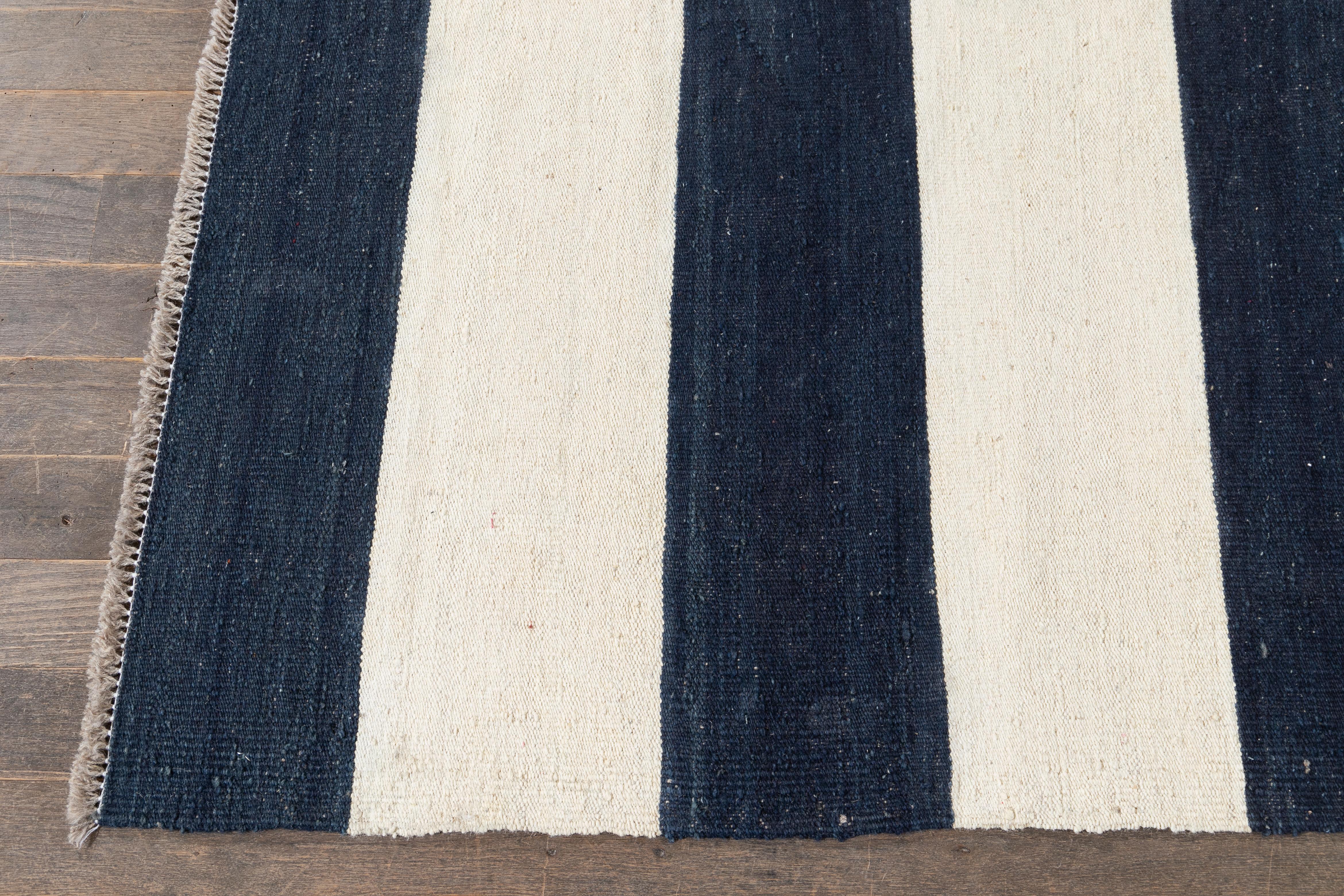 10 x 14 Contemporary Striped Kilim Wool Rug Handmade In Beige und Blau im Angebot 1