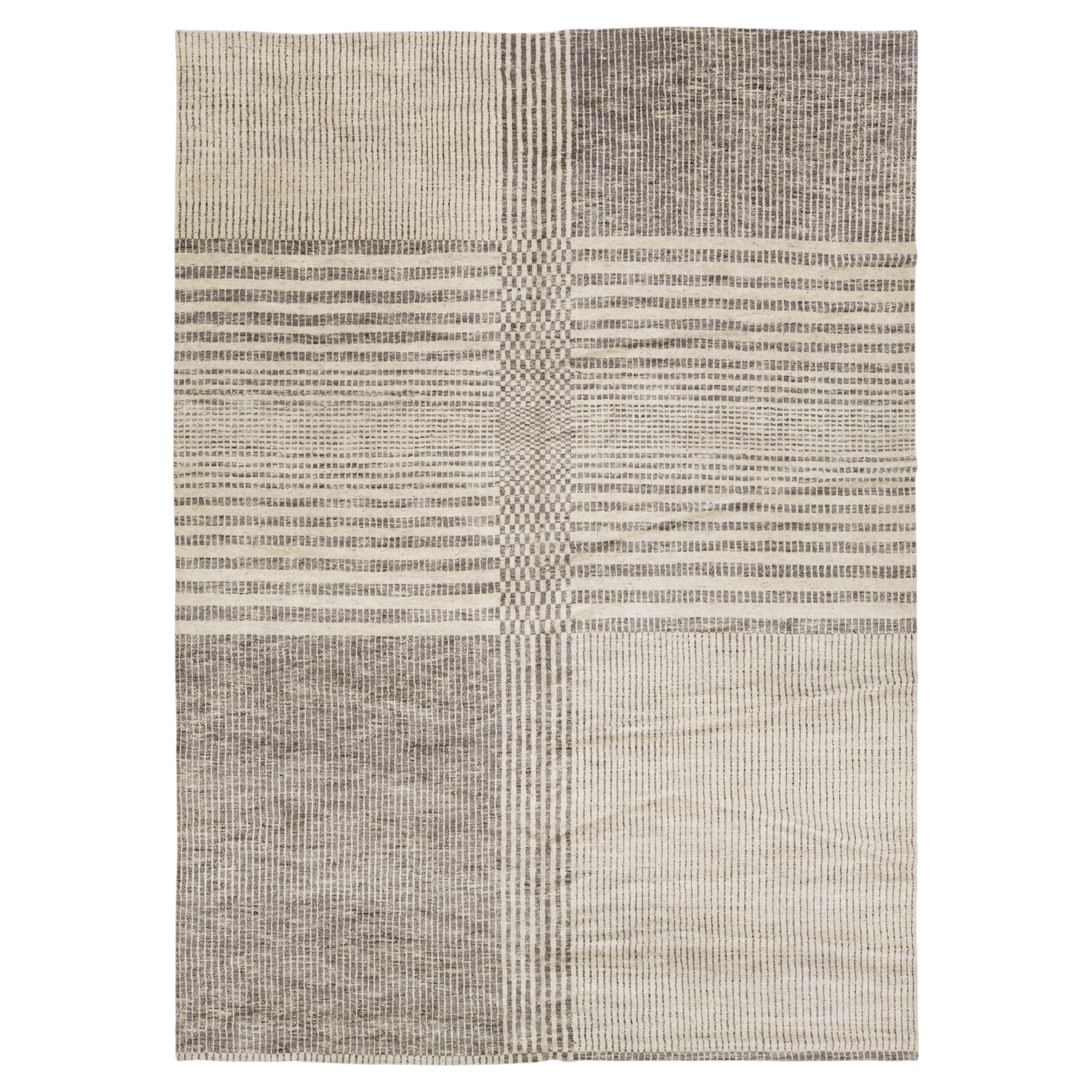 10 x 14 Hand Knotted Modern Neutral Geometric Wool Rug Minimalist Grid Pattern