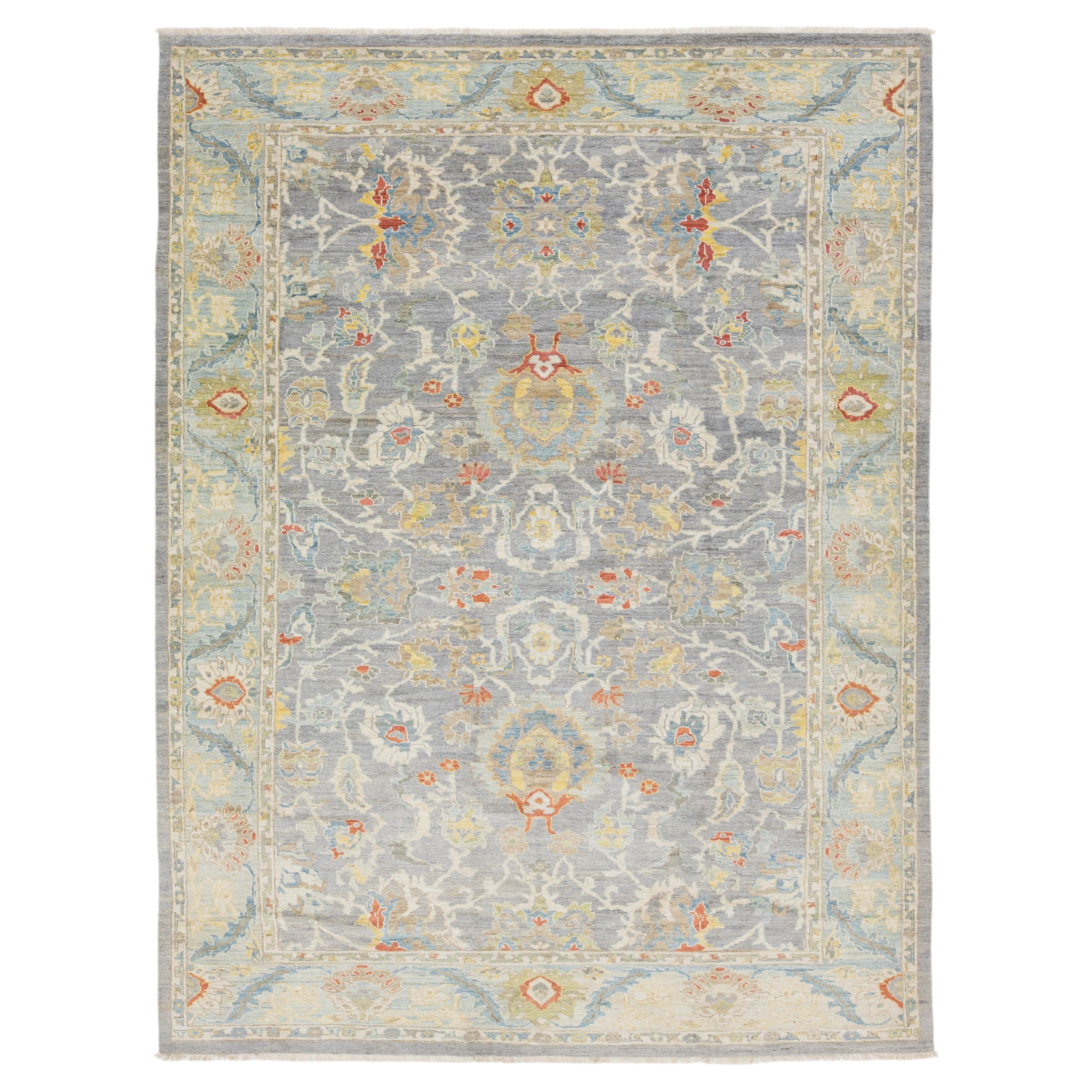 10 X 14 Hand-Knotted Modern Sultanabad Wool Area Rug – Muted Slate & Gold