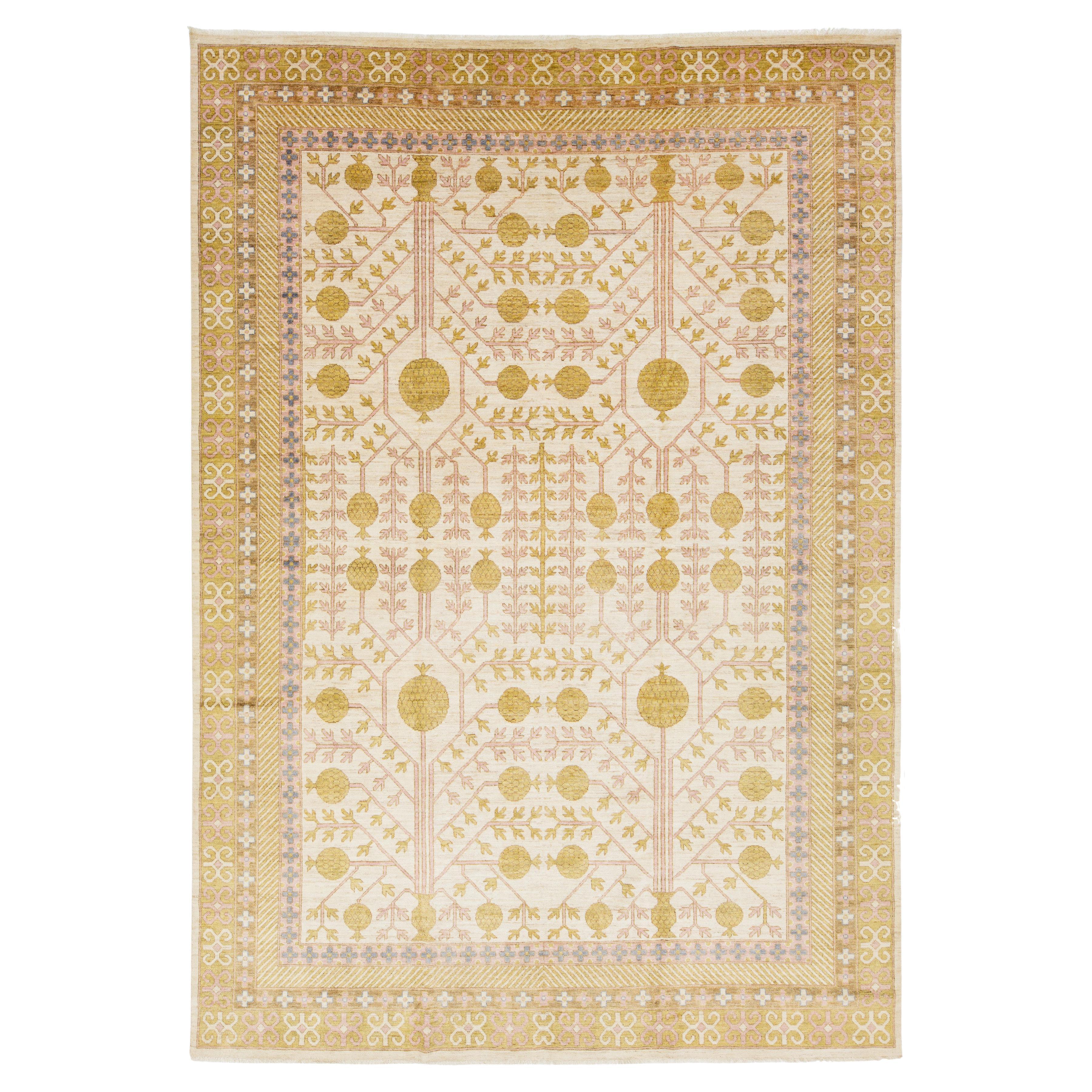 10 x 14 Handmade Contemporary Khotan Style Beige Wool Rug with Allover Pattern