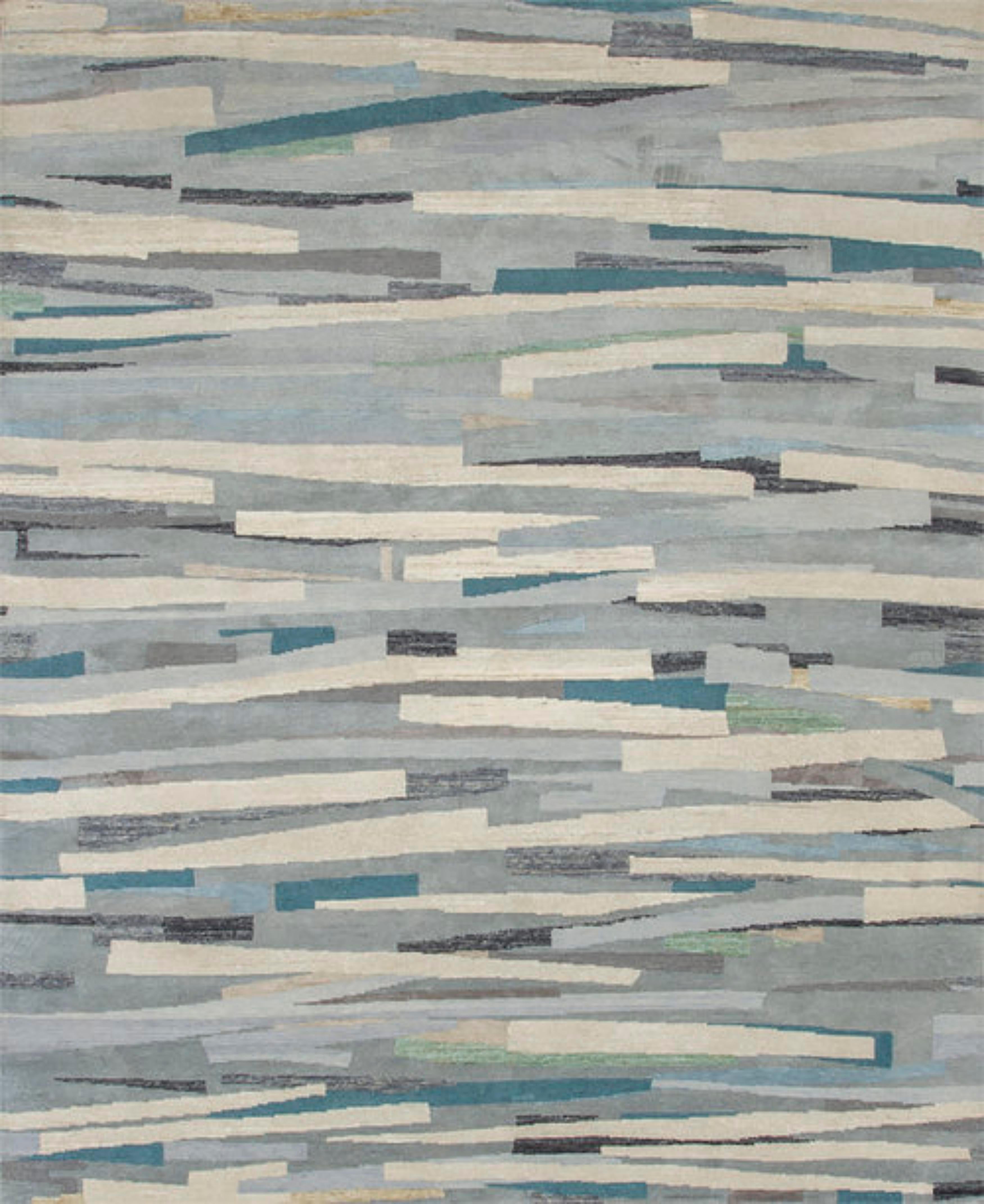 10 x 14  Modern Abstract Designed Handmade Wool and Silk Rug In Gray and Blue For Sale