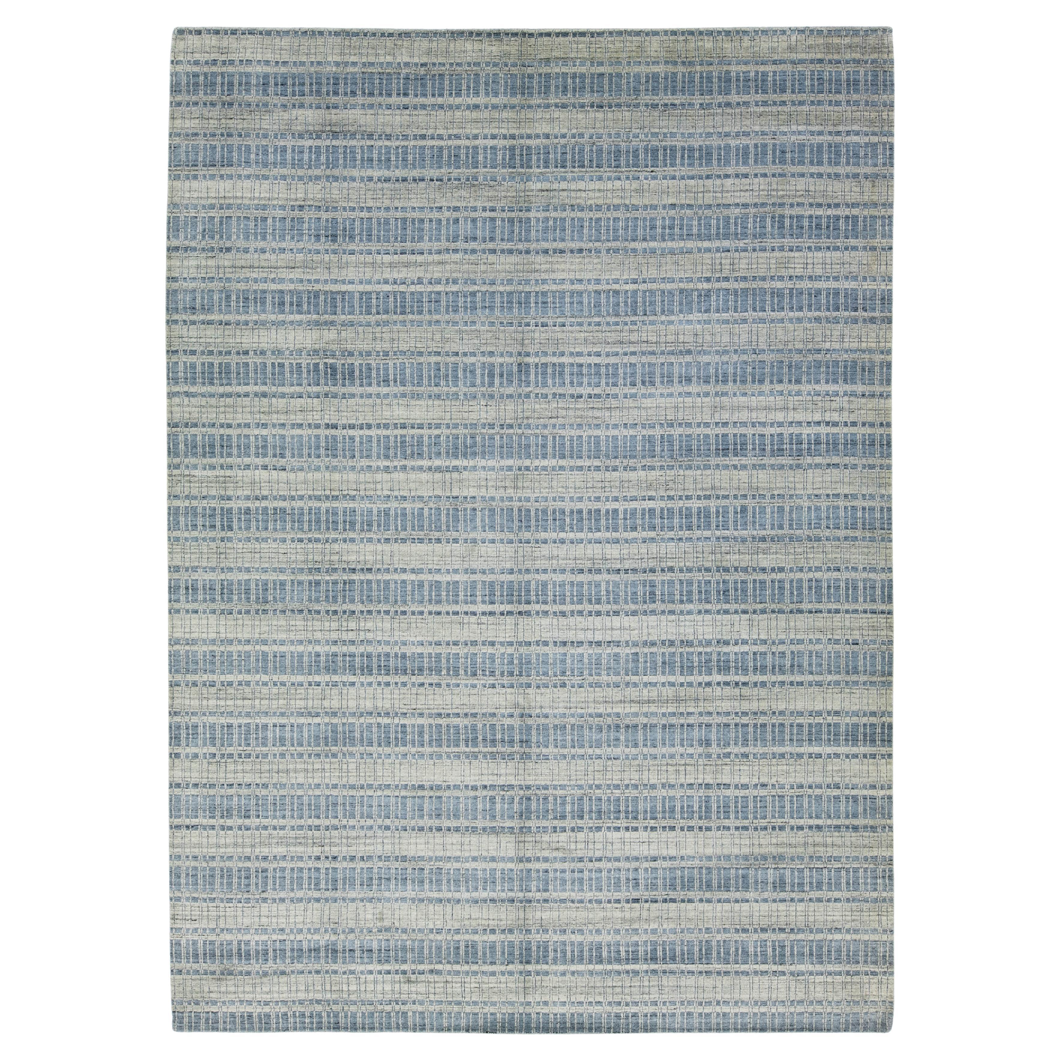 10 x 14 Modern Hand Loom Wool Rug In Gray and Blue  With Geometric Design