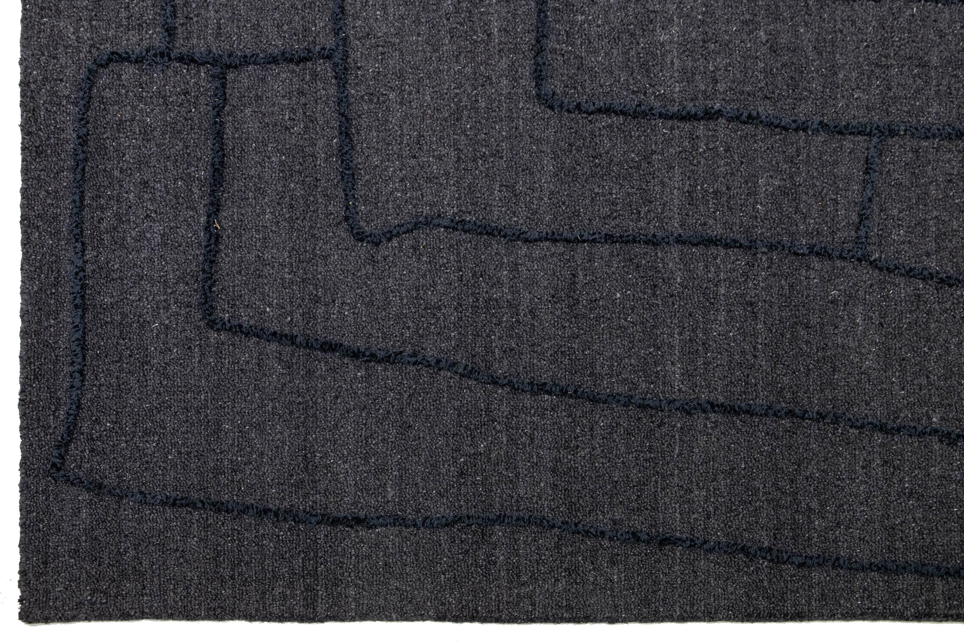 Contemporary 10 x 14 Modern Hand Loom Wool Rug With Blue Abstract Design For Sale