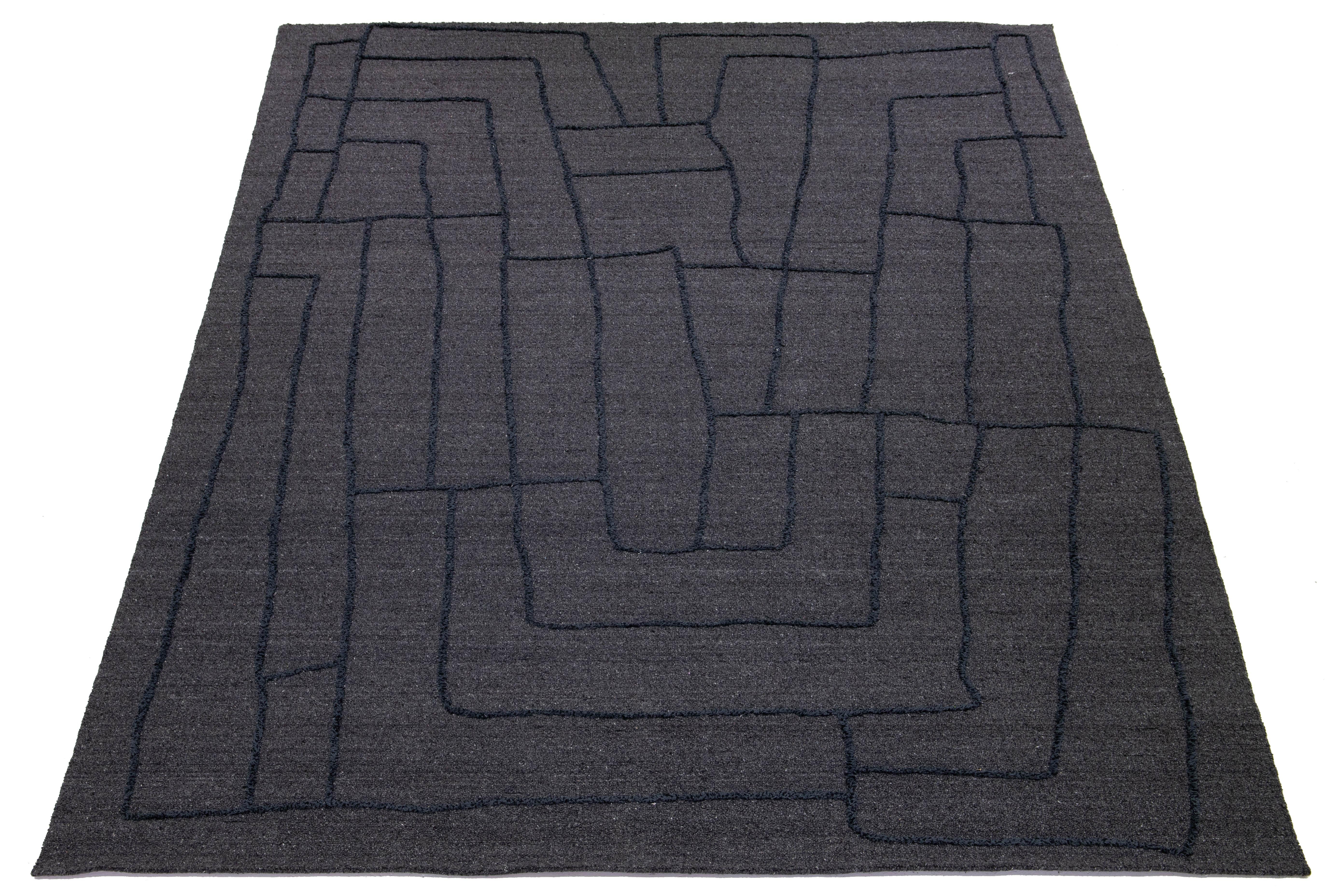 10 x 14 Modern Hand Loom Wool Rug With Blue Abstract Design For Sale 1