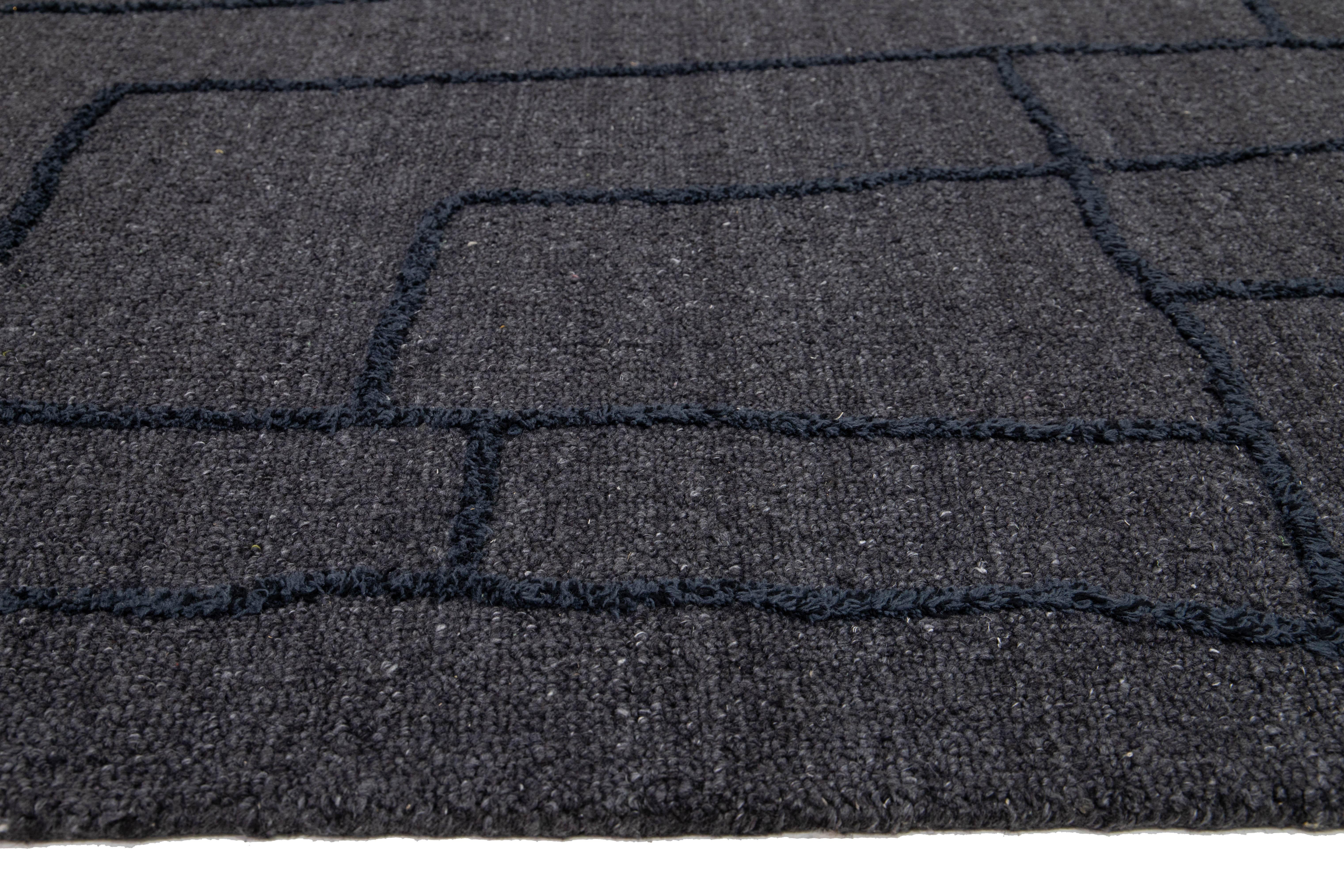 10 x 14 Modern Hand Loom Wool Rug With Blue Abstract Design For Sale 3
