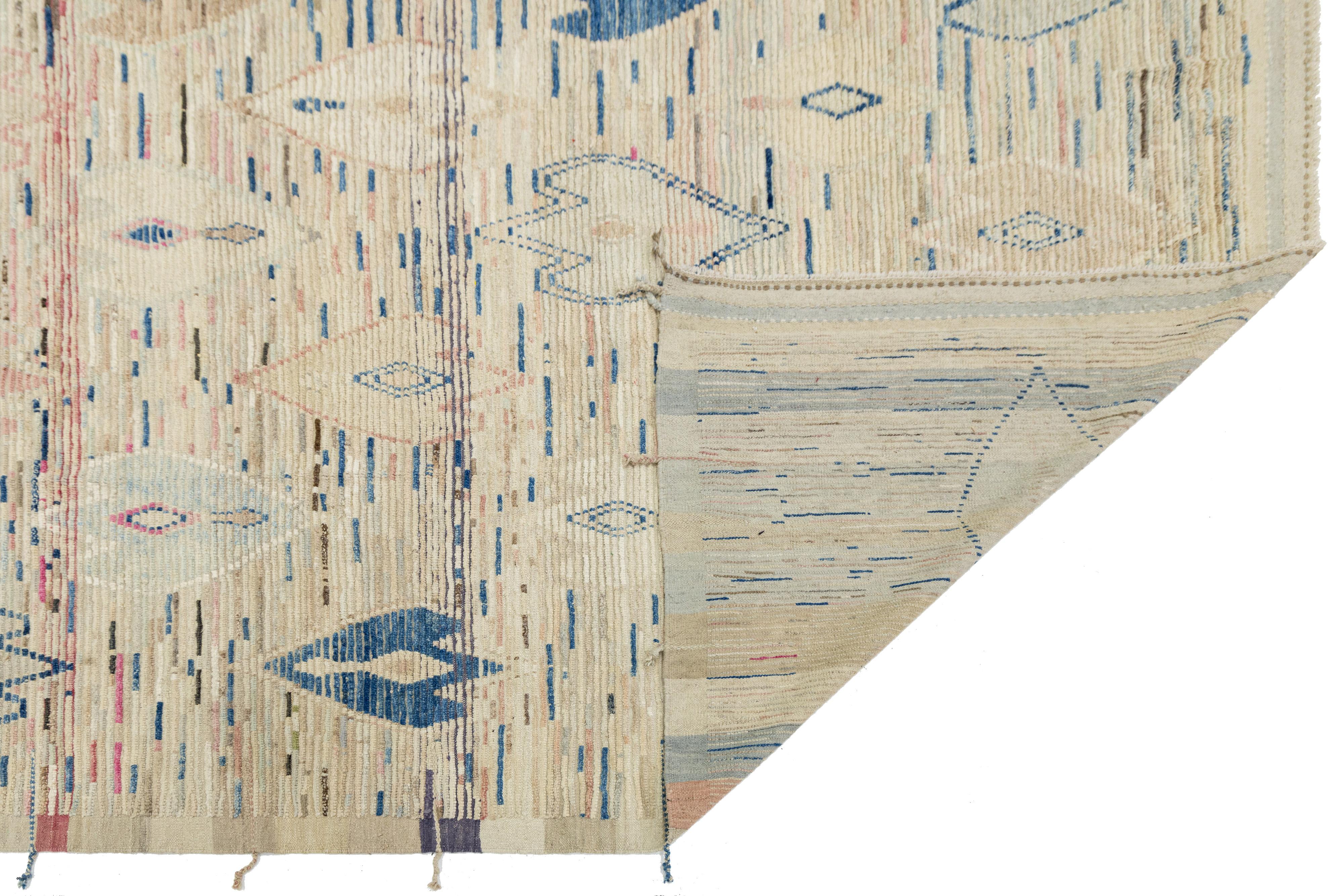 Pakistani 10 x 14 Modern Moroccan Style Wool Rug In Beige With Geometric Design For Sale