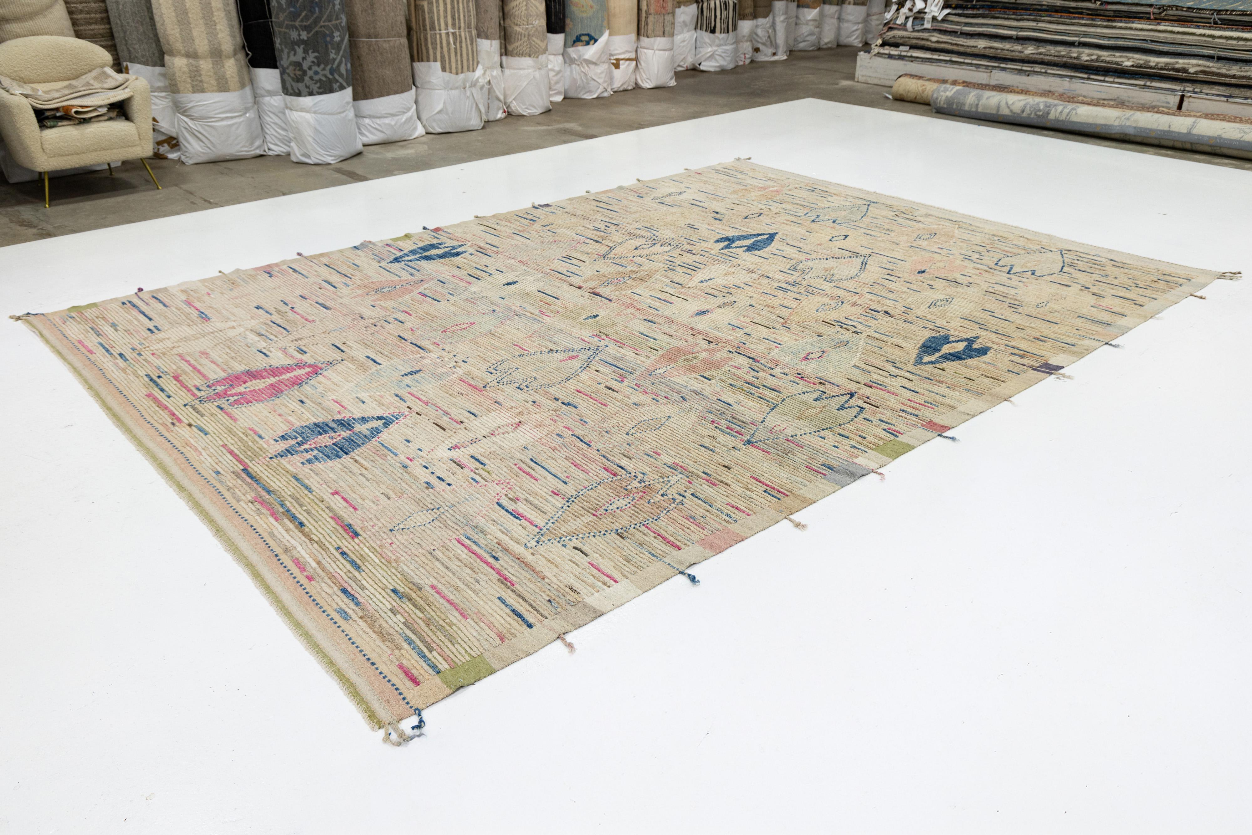 Hand-Knotted 10 x 14 Modern Moroccan Style Wool Rug In Beige With Geometric Design For Sale