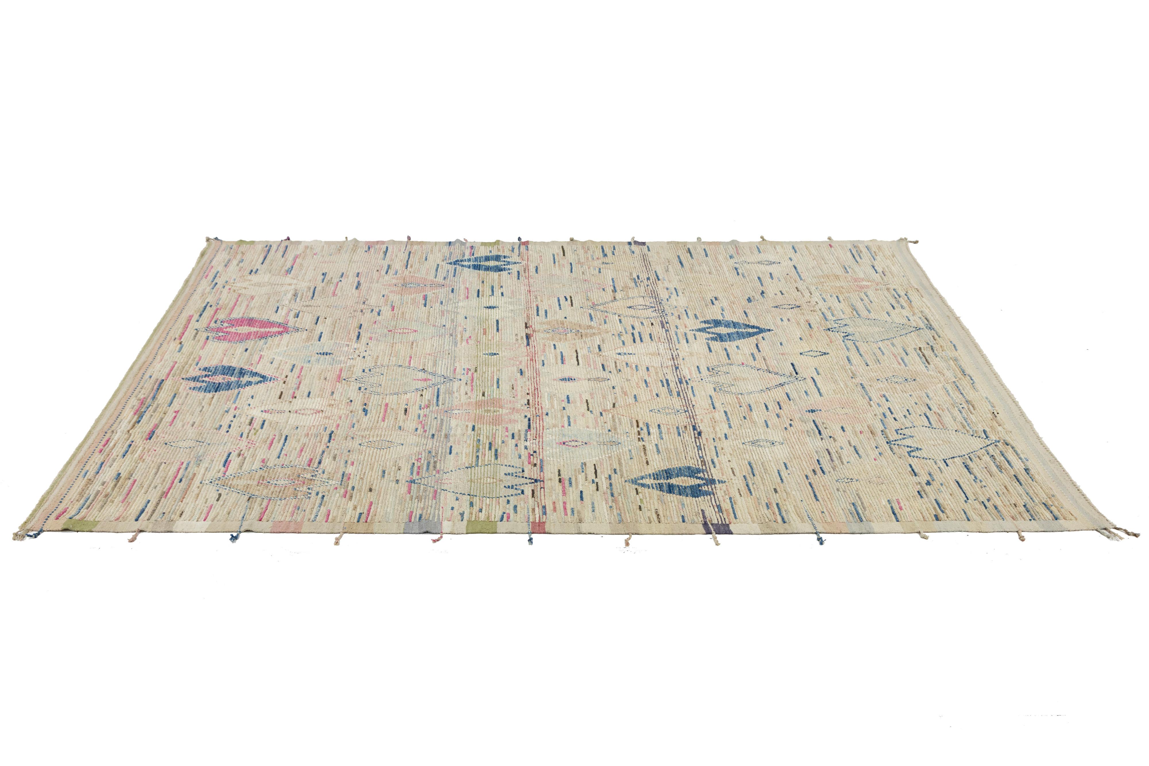 10 x 14 Modern Moroccan Style Wool Rug In Beige With Geometric Design For Sale 1