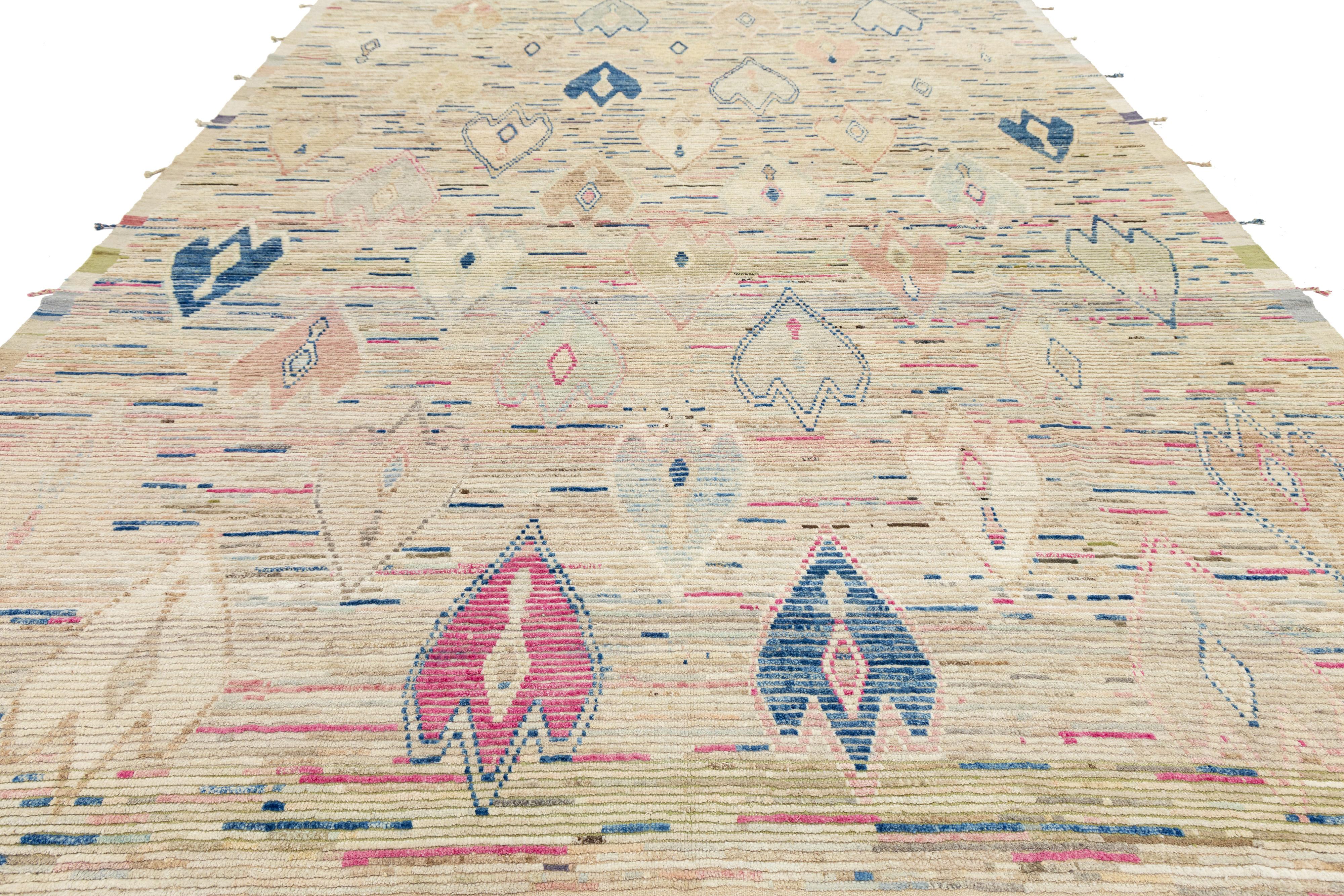 10 x 14 Modern Moroccan Style Wool Rug In Beige With Geometric Design For Sale 2