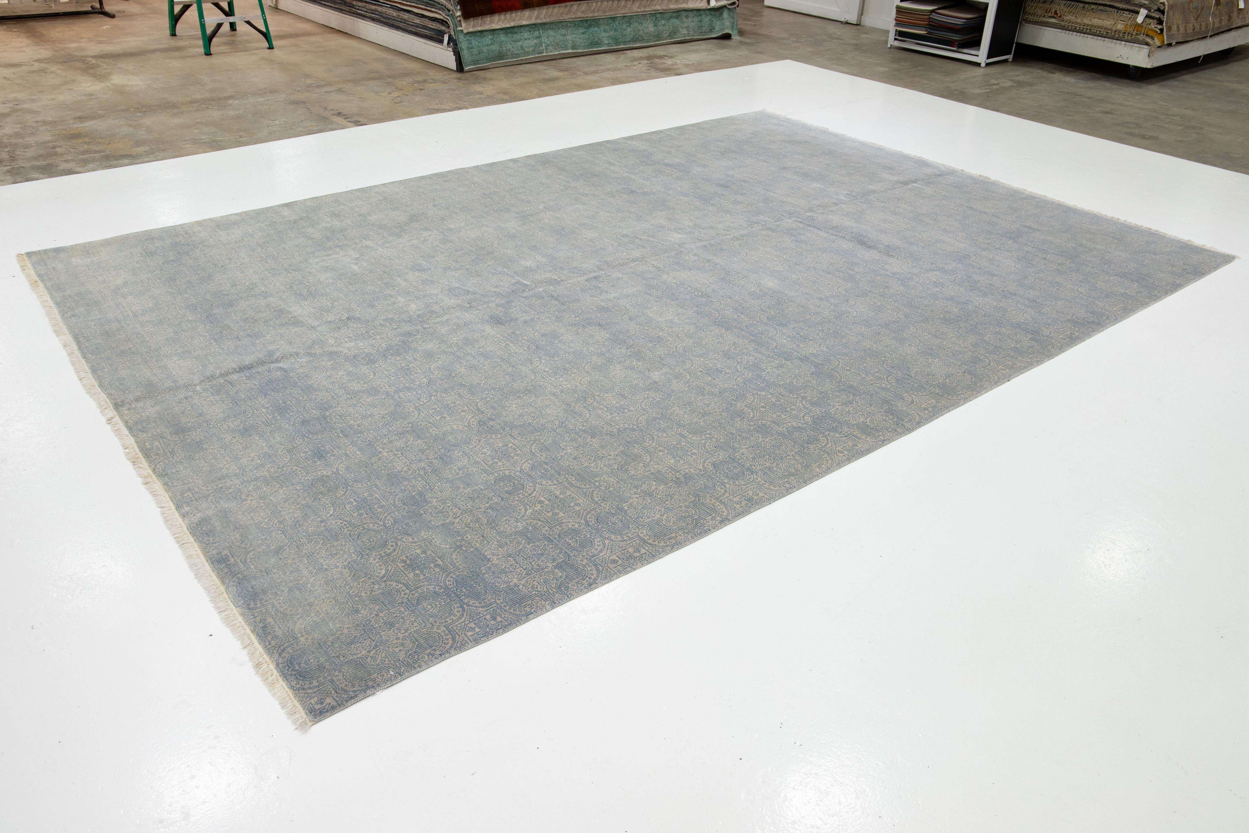 Alfombra Contemporánea De Lana De 10 x 15 Diseñado Allover Hecho A Mano En Gris Y Azul Indio en venta