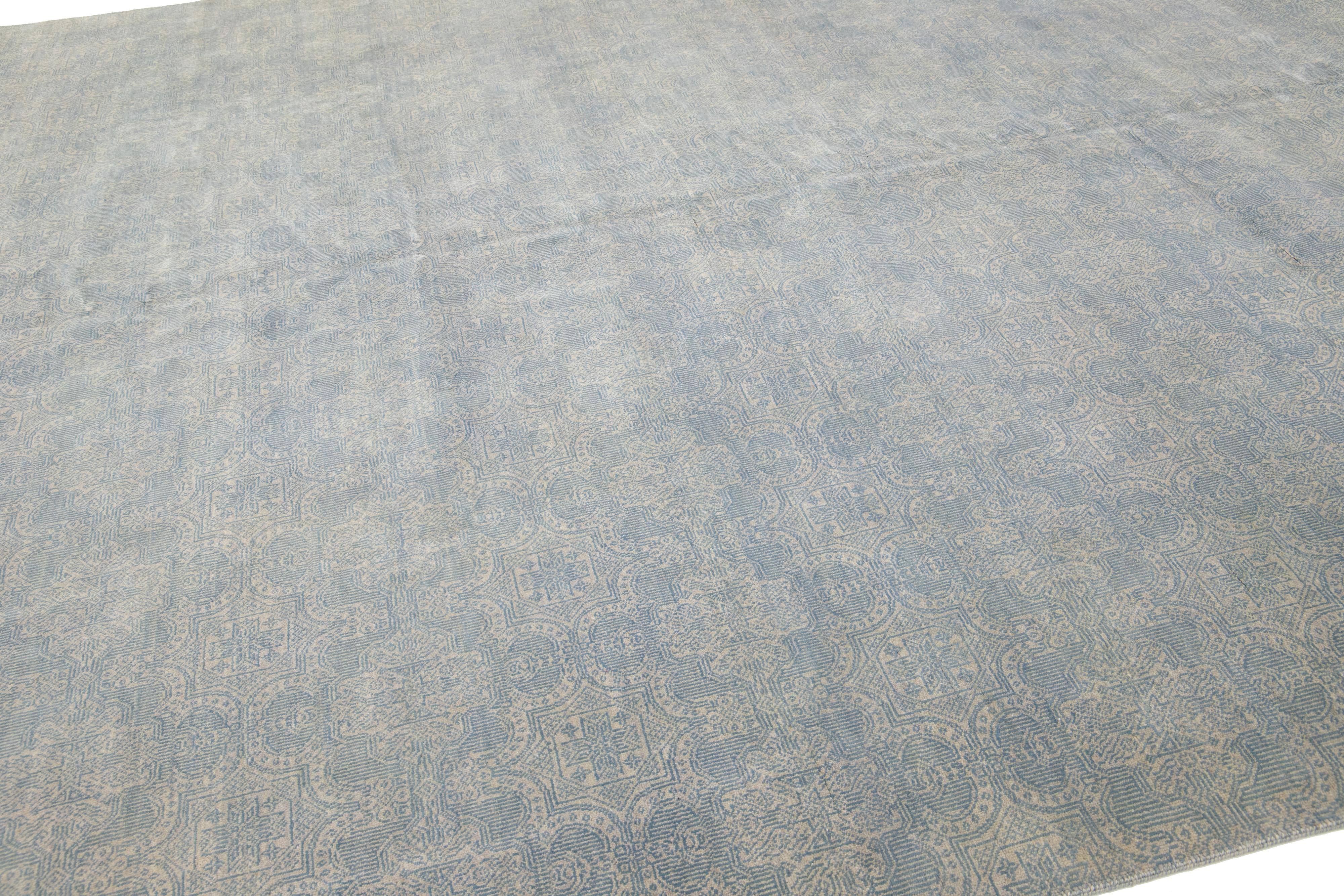 Alfombra Contemporánea De Lana De 10 x 15 Diseñado Allover Hecho A Mano En Gris Y Azul Anudado a mano en venta