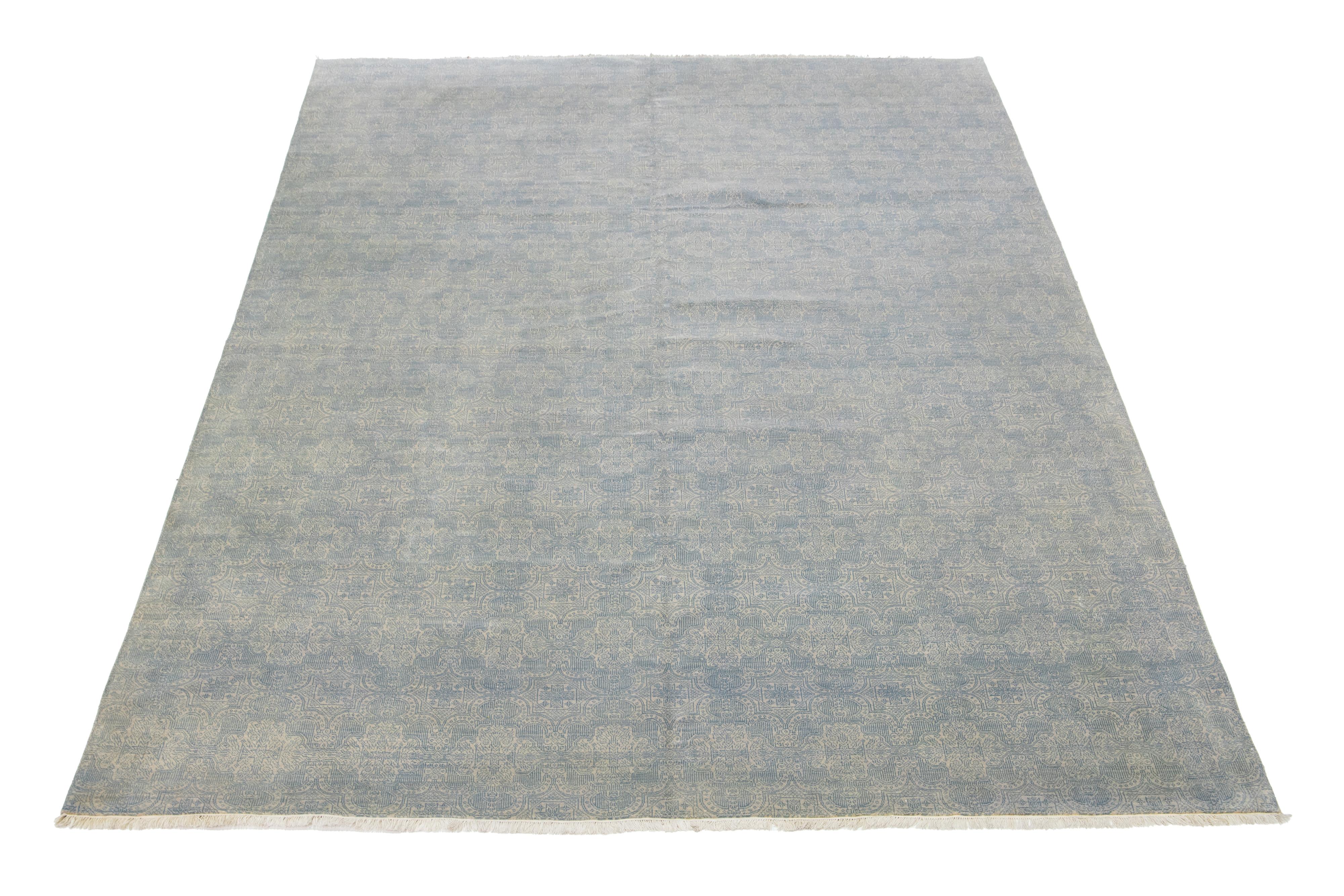 Alfombra Contemporánea De Lana De 10 x 15 Diseñado Allover Hecho A Mano En Gris Y Azul Siglo XXI y contemporáneo en venta