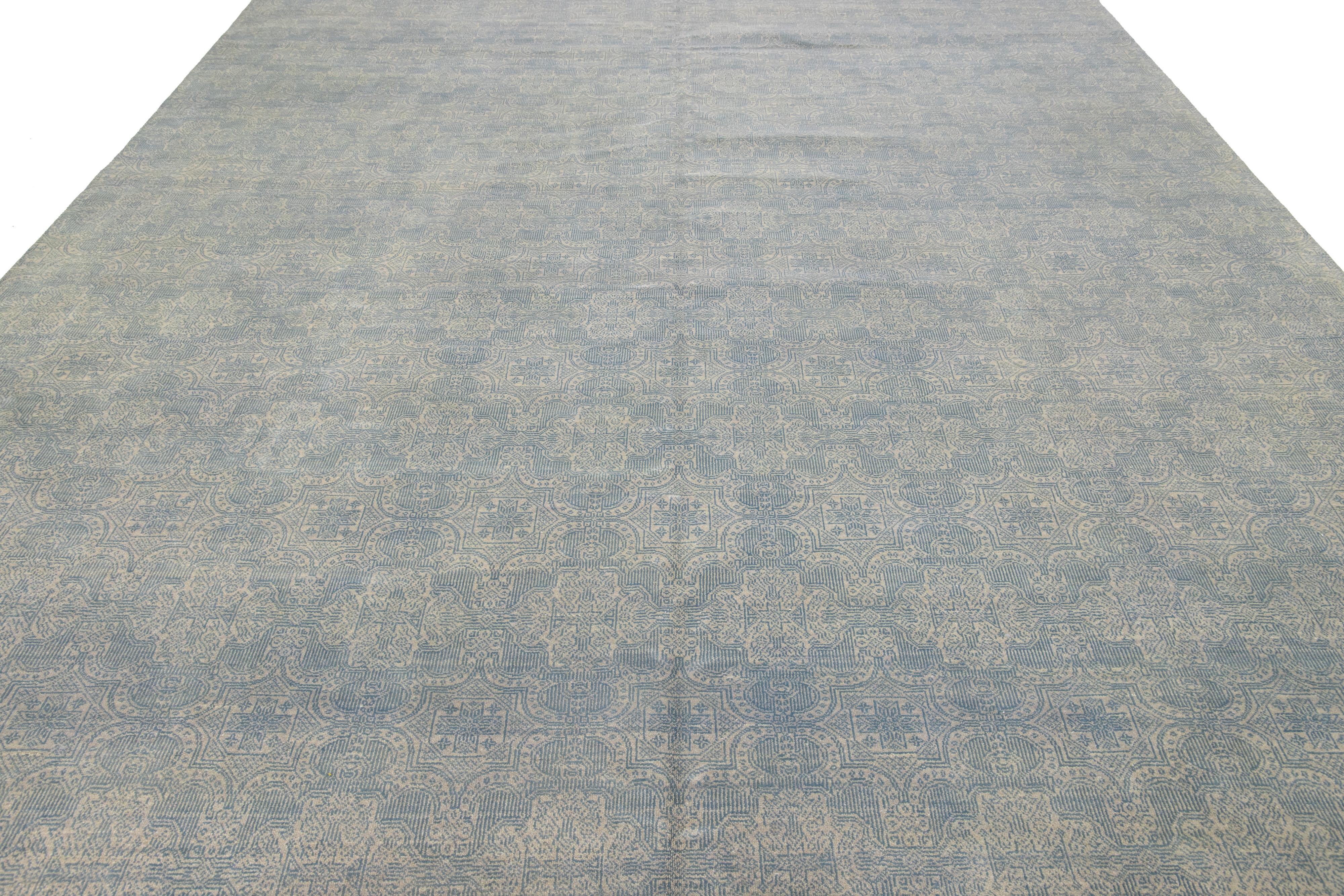 Alfombra Contemporánea De Lana De 10 x 15 Diseñado Allover Hecho A Mano En Gris Y Azul en venta 1