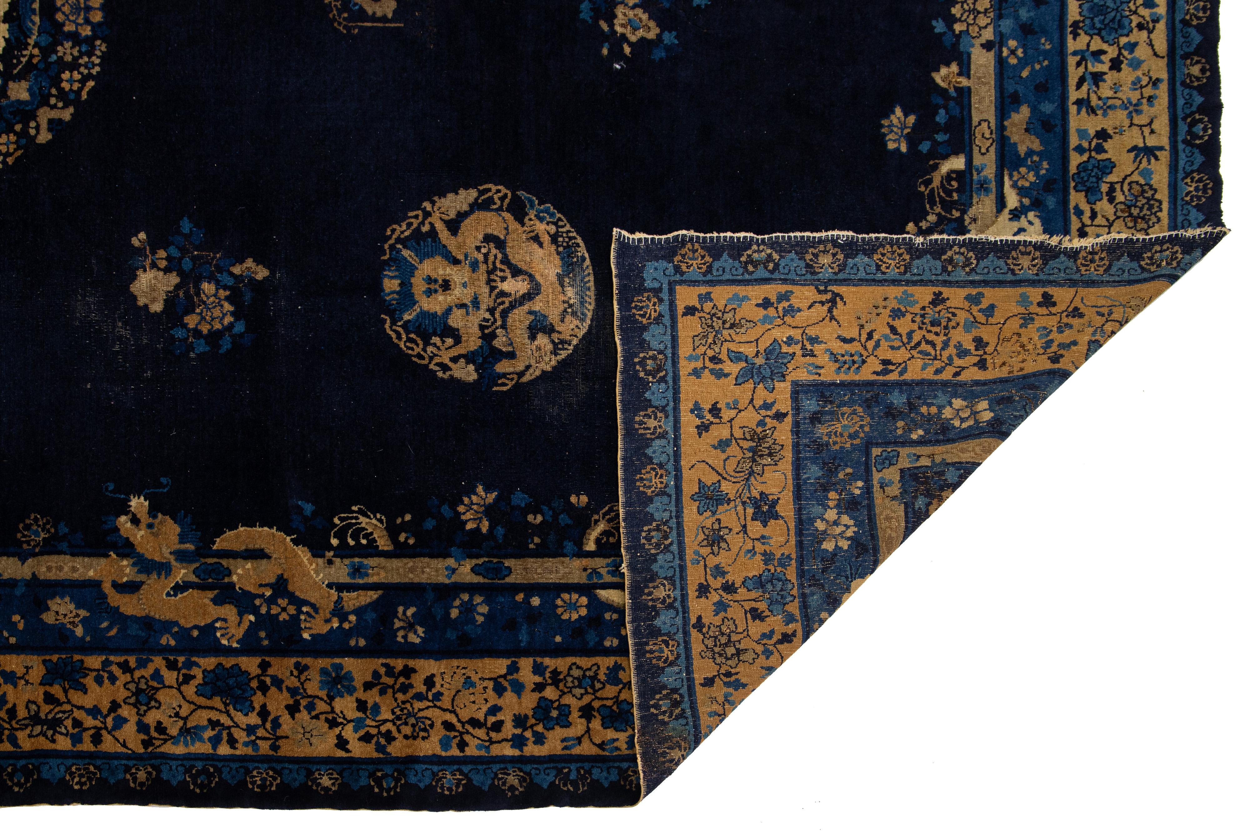 10 x 15 Alfombra china antigua hecha a mano de lana tradicional de Pekín en azul Art Decó en venta