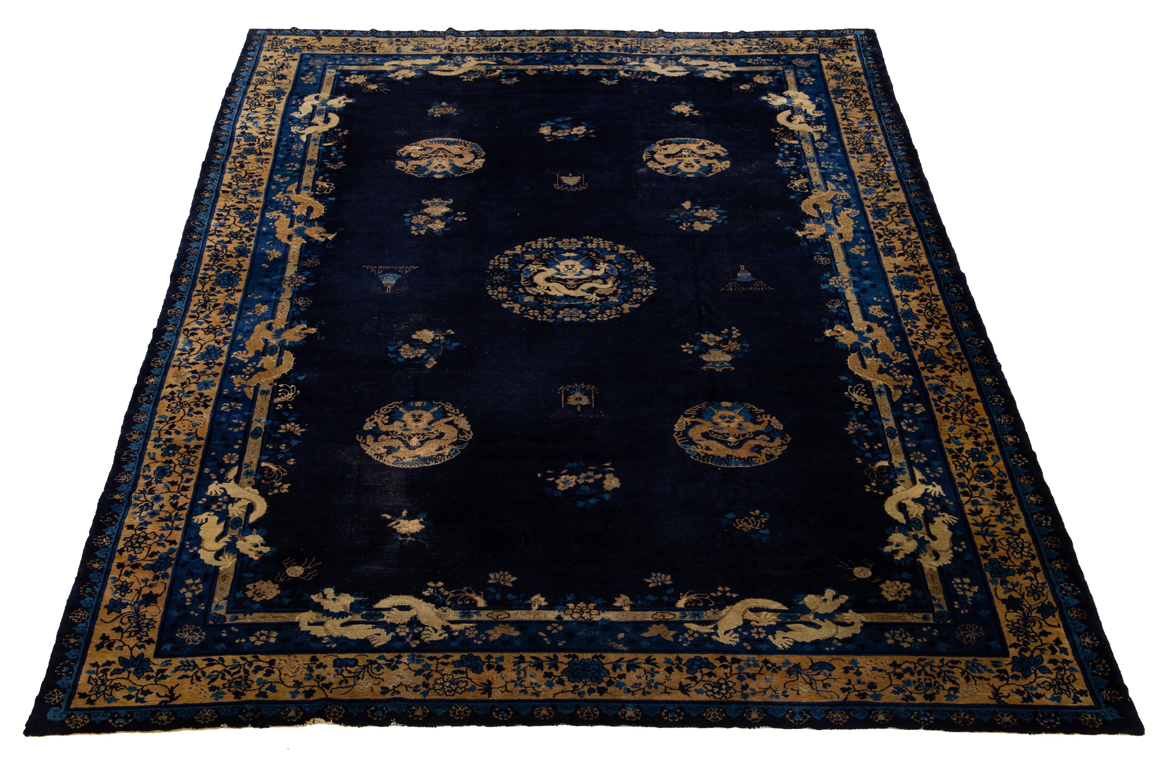 10 x 15 Alfombra china antigua hecha a mano de lana tradicional de Pekín en azul siglo XX en venta