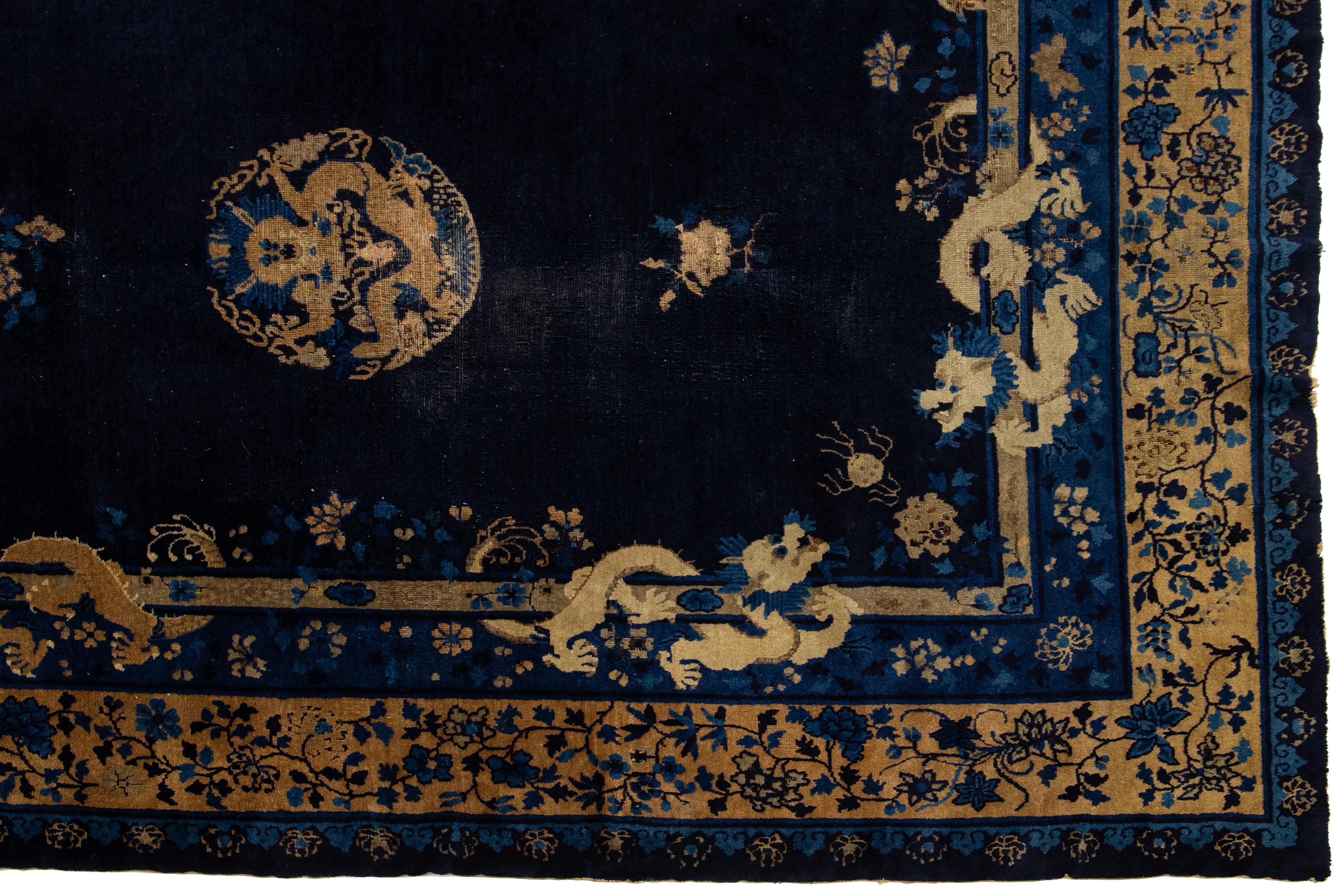 10 x 15 Alfombra china antigua hecha a mano de lana tradicional de Pekín en azul Lana en venta