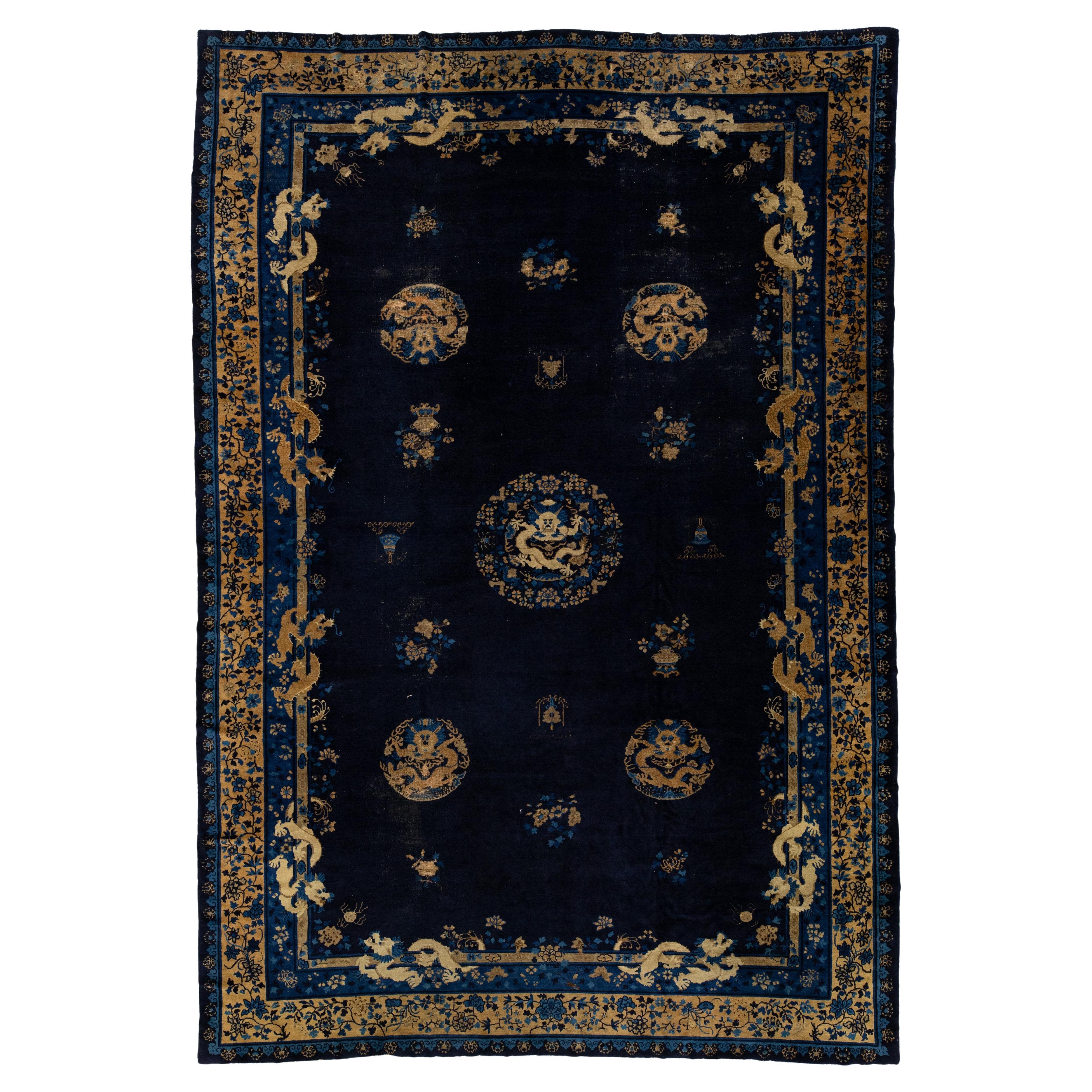 10 x 15 Alfombra china antigua hecha a mano de lana tradicional de Pekín en azul en venta