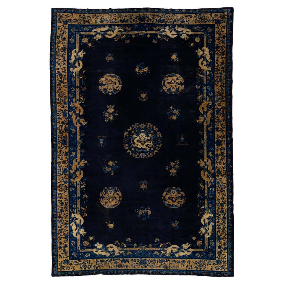Antique Denim Blue Chinese Rug with Tone on Tone Scrolling Leaf Pattern ...
