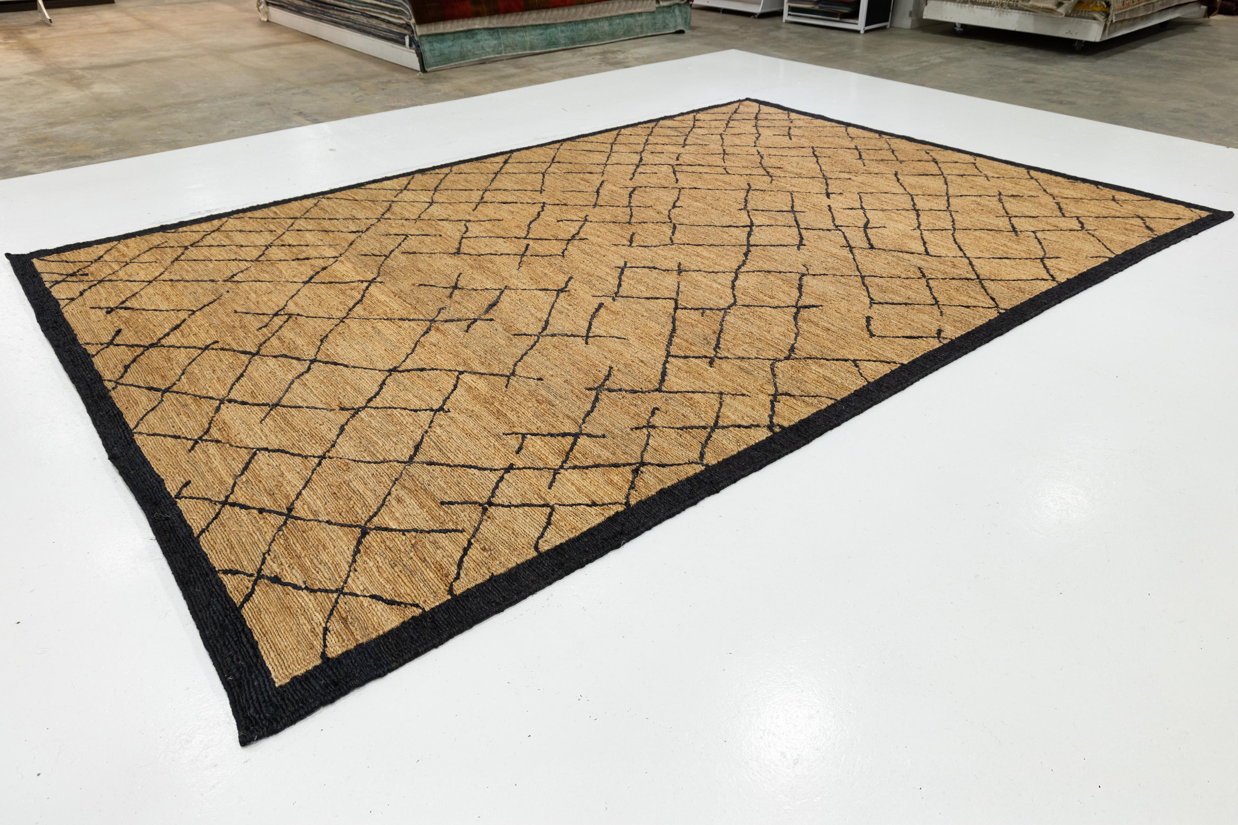 Organic Modern 10 x 15 Contemporary Soumak Handmade Geometric Jute Rug In Tan Color For Sale