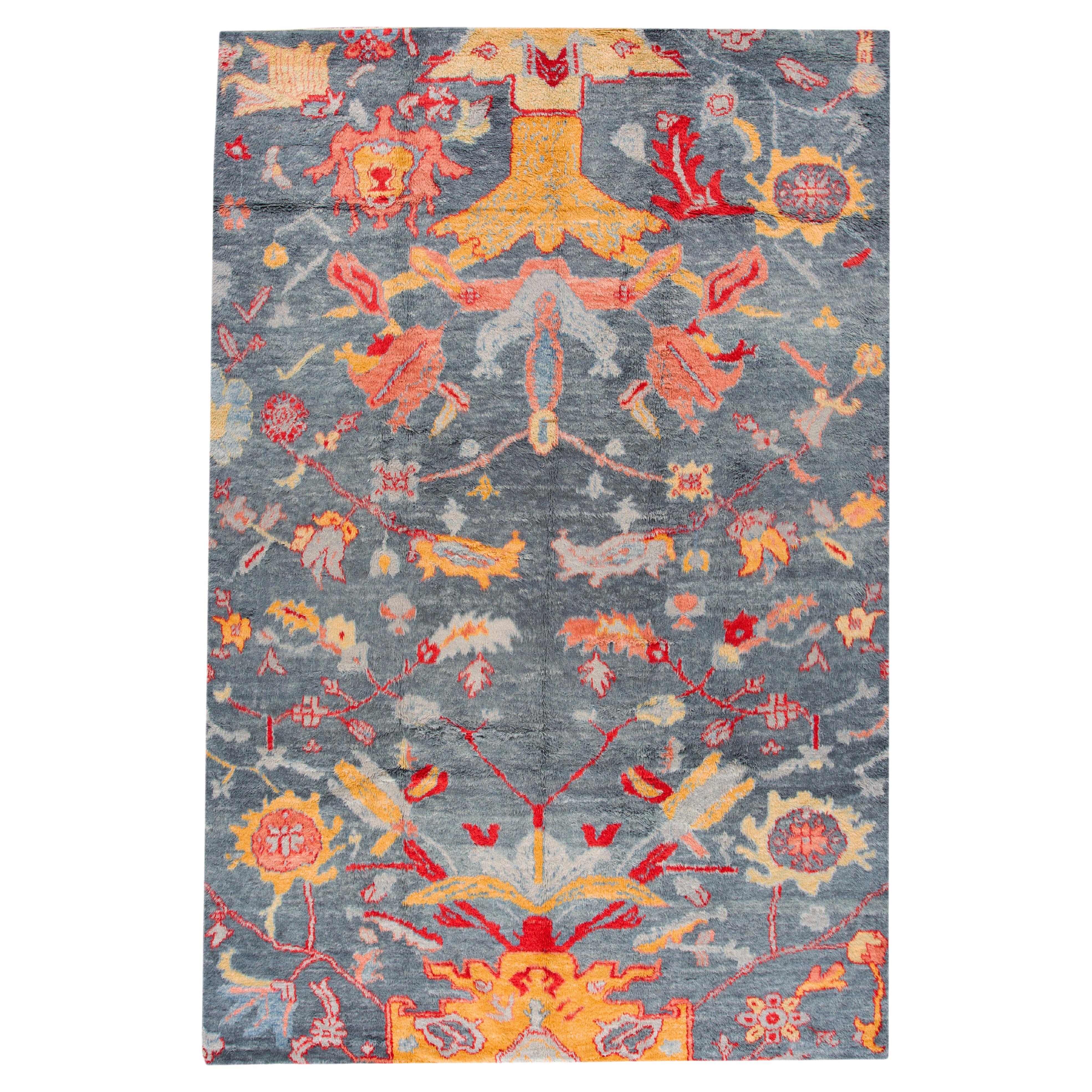 10 x 15 Moderner Wollteppich im marokkanischen Stil in Blau mit Blumenmuster im Angebot