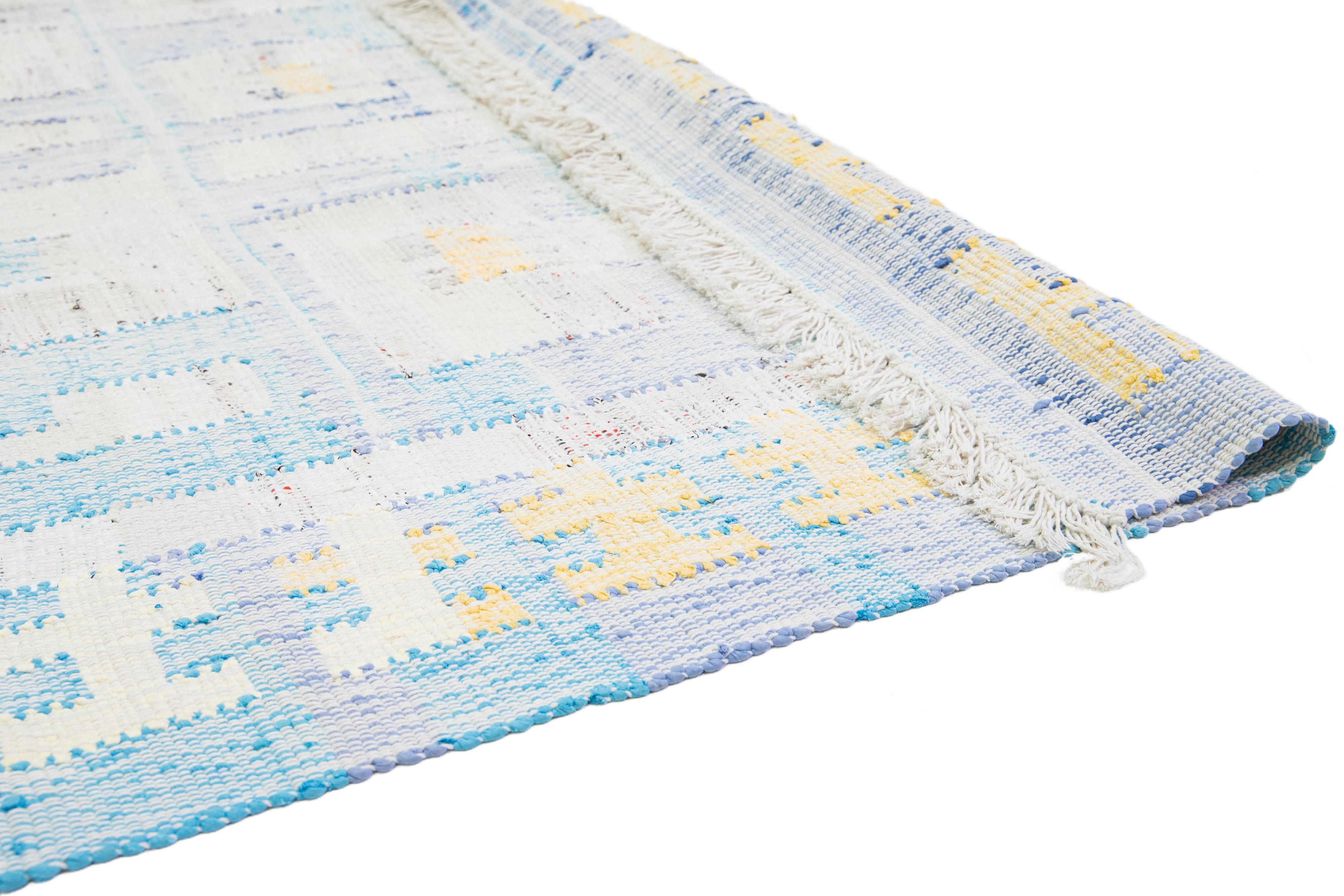 Kilim 10 x 16 Contemporary kilim Wool rug In Beige And Blue With Abstract Design For Sale