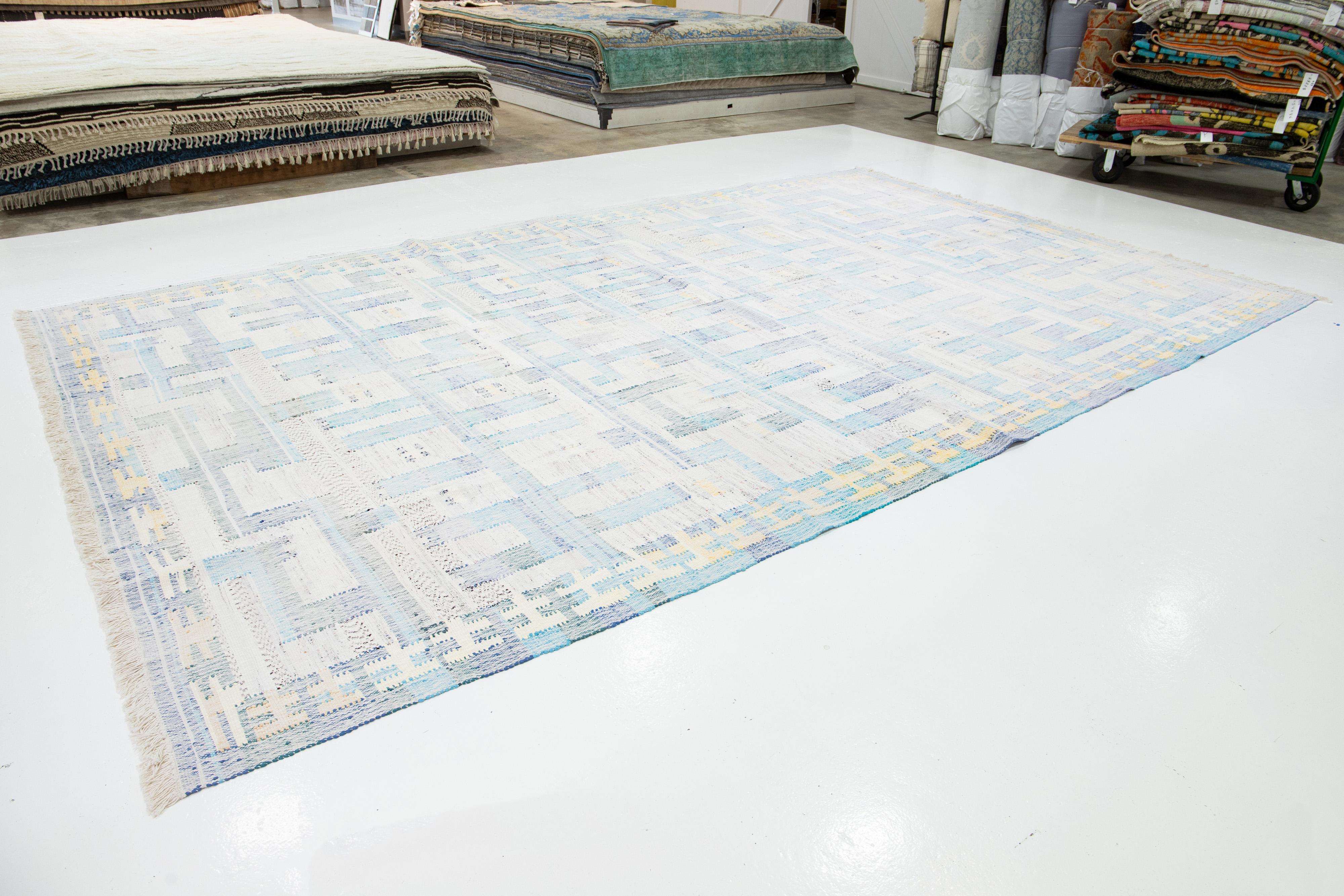 Hand-Knotted 10 x 16 Contemporary kilim Wool rug In Beige And Blue With Abstract Design For Sale