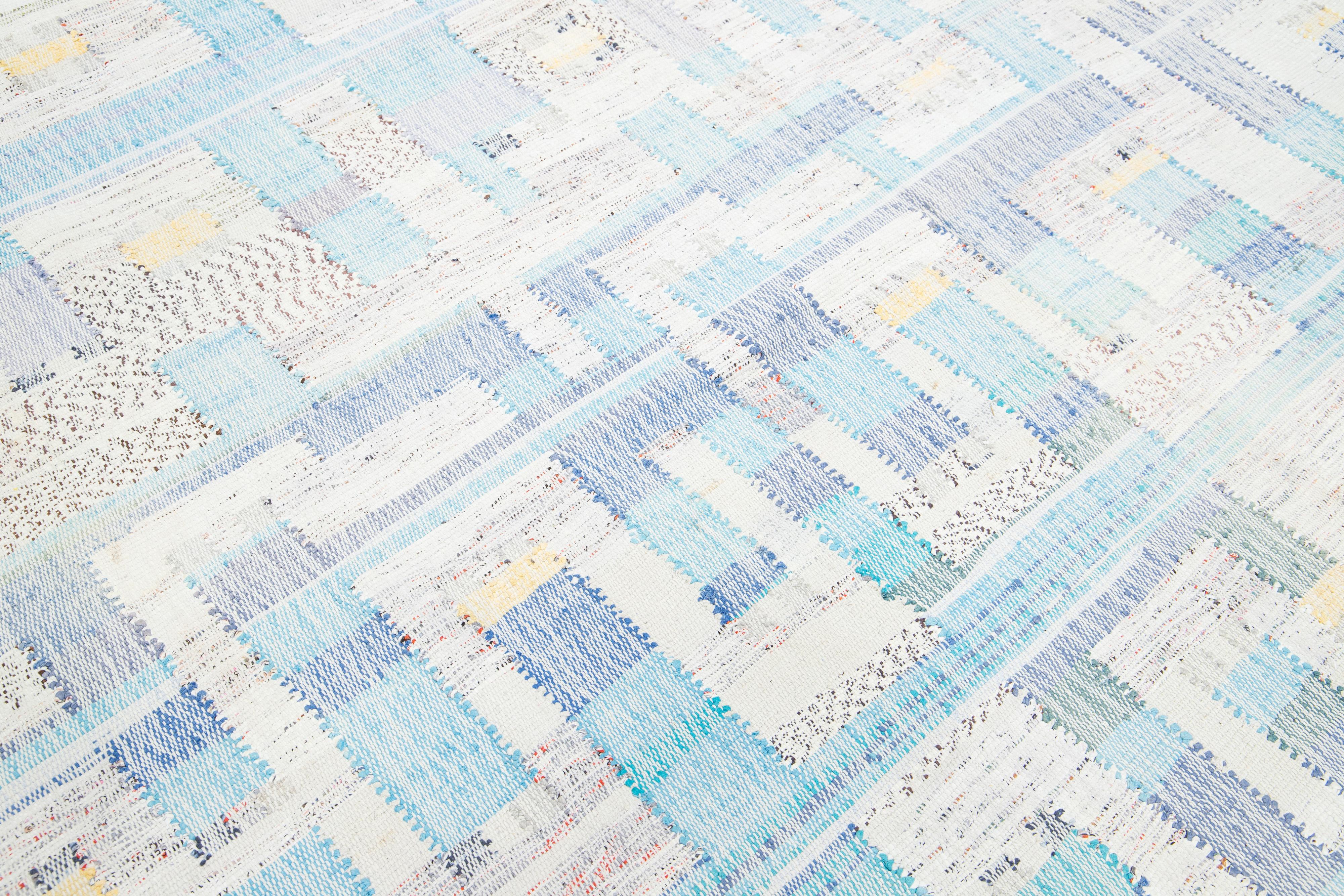 10 x 16 Contemporary kilim Wool rug In Beige And Blue With Abstract Design In New Condition For Sale In Norwalk, CT