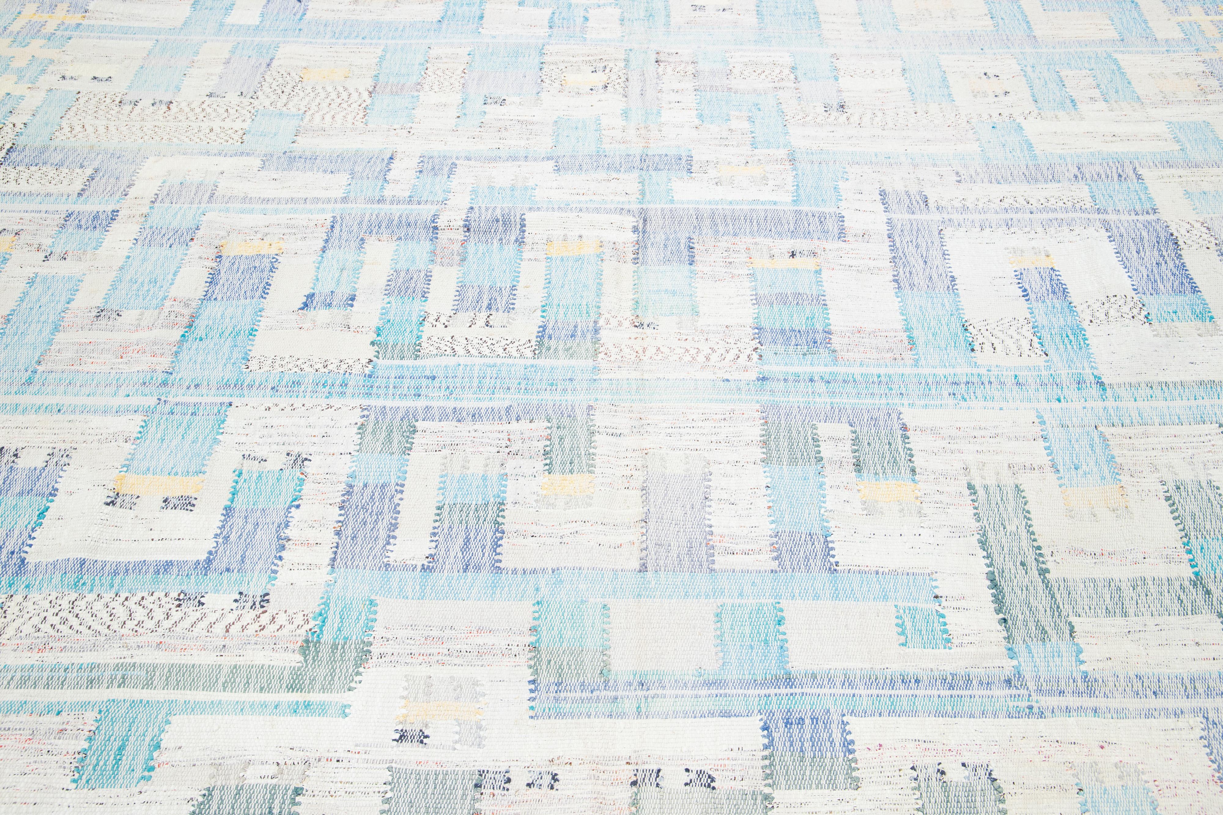 10 x 16 Contemporary kilim Wool rug In Beige And Blue With Abstract Design For Sale 1