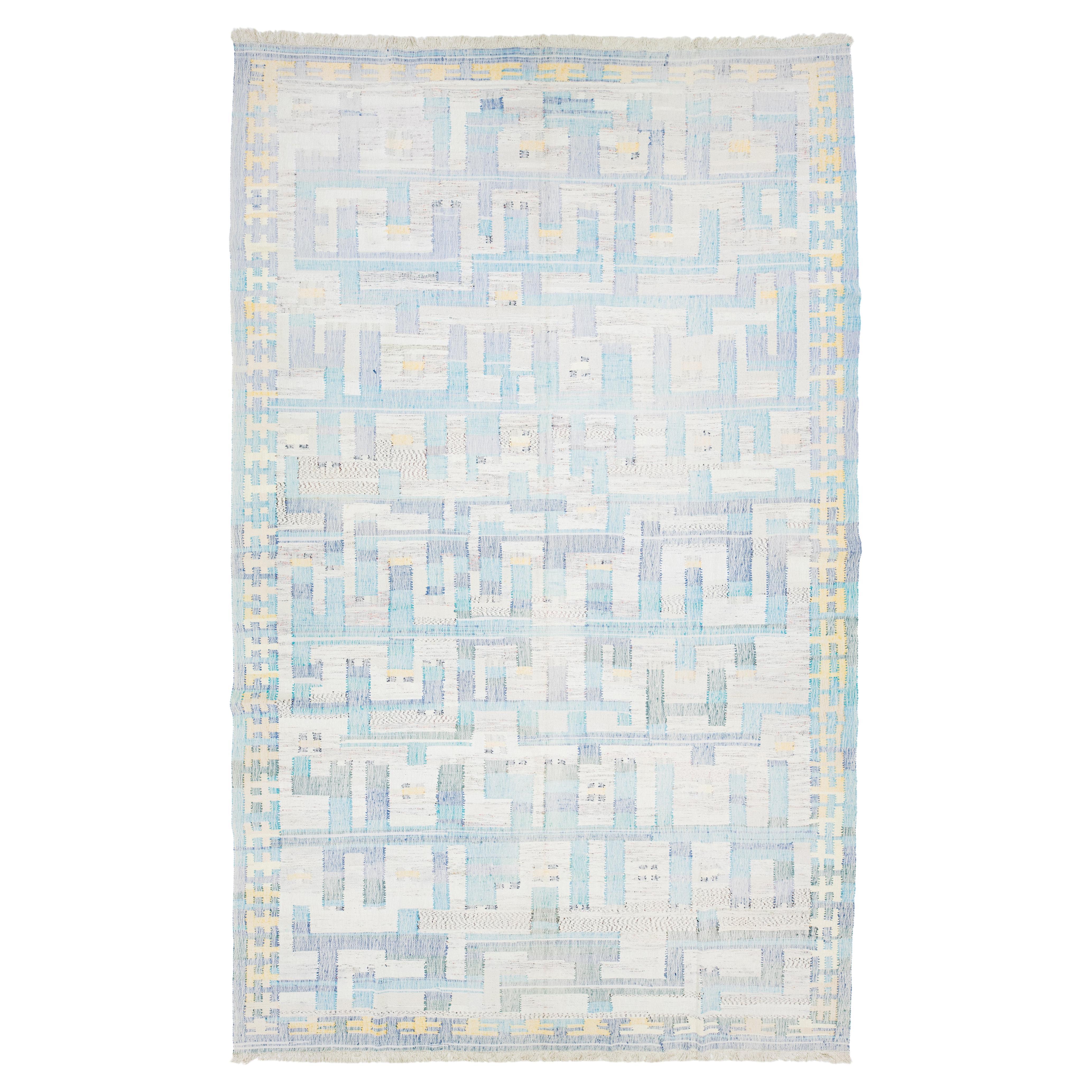 10 x 16 Contemporary kilim Wool rug In Beige And Blue With Abstract Design For Sale