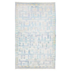 10 x 16 Zeitgenössischer Kelim Wollteppich in Beige und Blau mit abstraktem Design