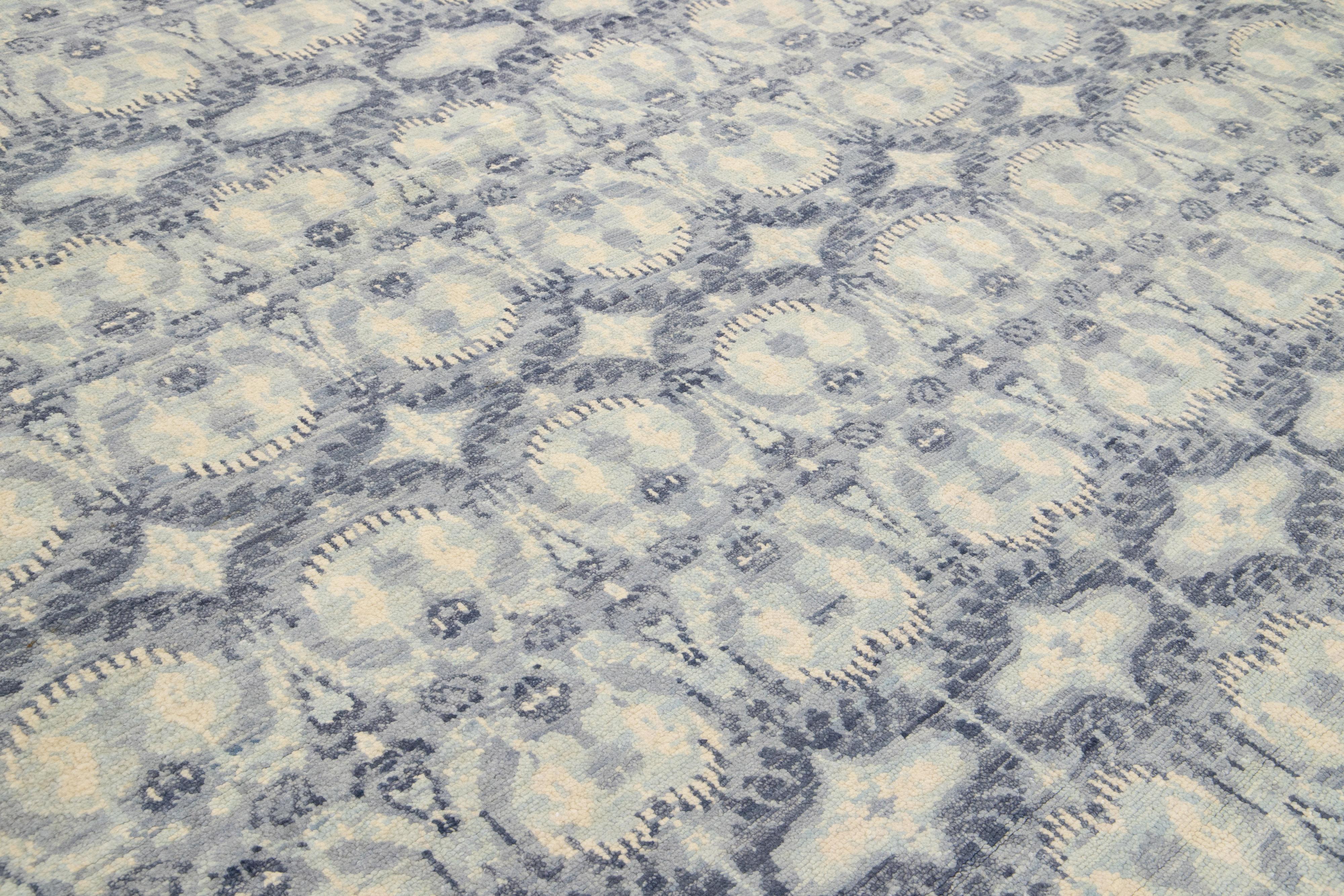10 x 20 Allover Designed Contemporary Ikat Wool Rug In Pale Blue Color For Sale 4